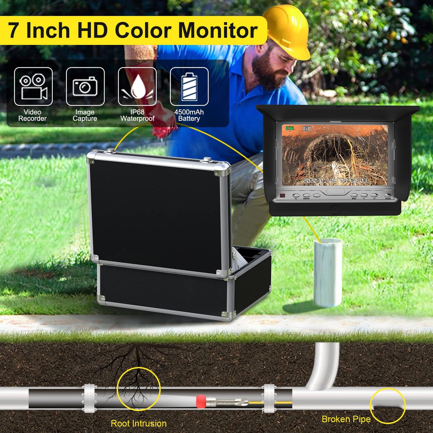 Pipe Pipeline Inspection Camera, Drain Sewer Industrial Endoscope HBUDS Waterproof IP68 Snake Video System with 7 Inch LCD Monitor 1000TVL Camera