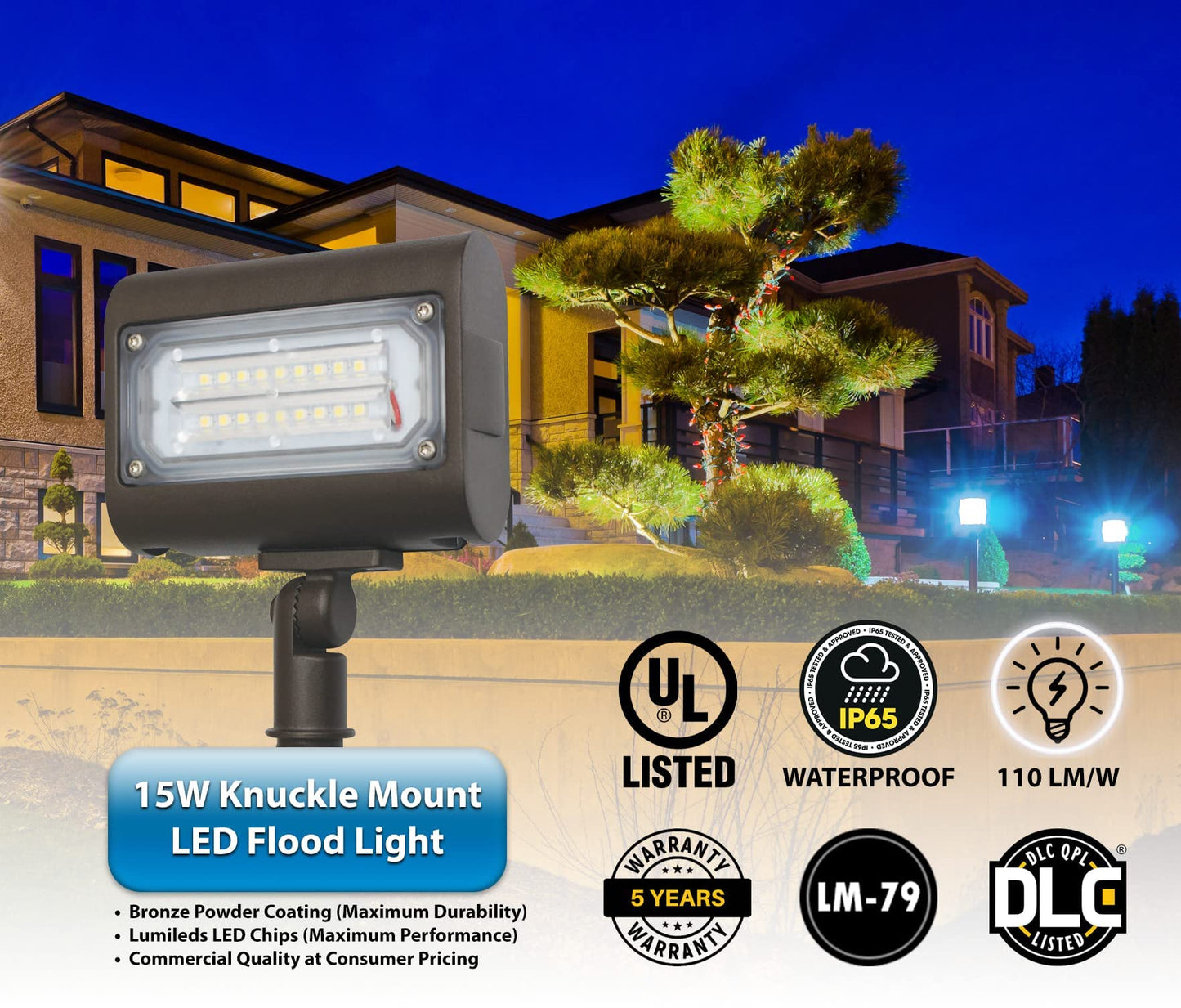 Straits LED Landscape Flood Security Light | 1663LM (15W) | 5000K Knuckle Mount Outdoor Light | Alternative to 50W Metal Halide | 5 Yr Warranty