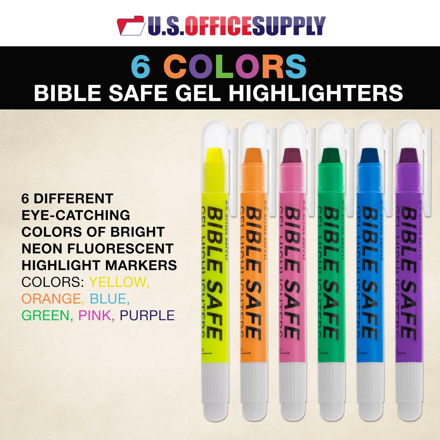 U.S. Office Supply Bible Safe Highlighter Set of 6 Bright Flouresent Colors, Dry Bible Highlighters No Bleed, Fade or Smear, Safe Gel Markers