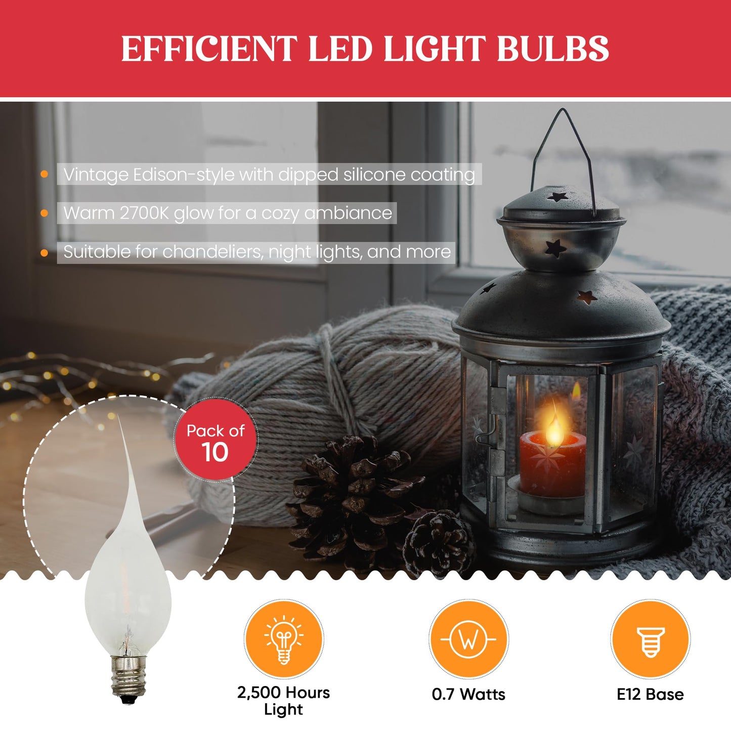 Creative Hobbies Silicone LED Night Light Bulbs, C7 Replacement Light Bulbs - 0.7W Equivalent to 4W 5W 6W 7W Incandescent, White Warm 2700K, Christmas
