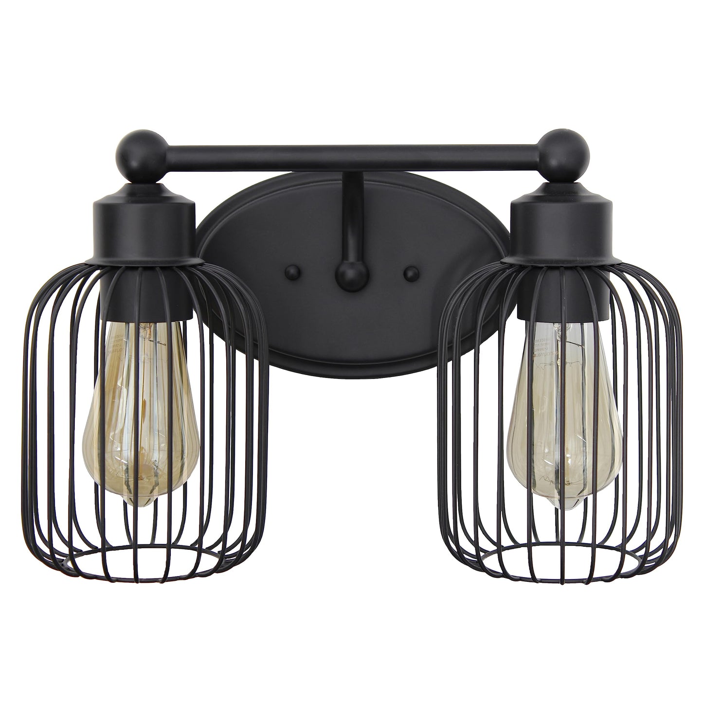 Elegant Designs VT1021-BLK 14" Industrial Farmhouse 2 Light Metal Birdcage Decorative Wall Mounted Vanity Fixture with Matching Metal Oval Backplate