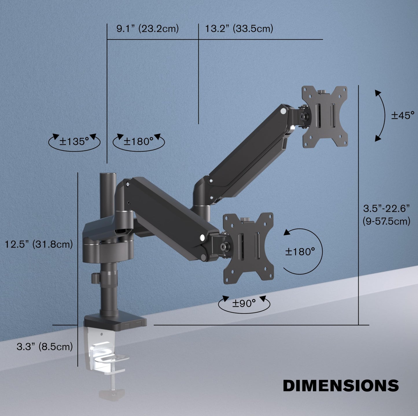 ProMounts Landscape to Portrait Dual Monitor Mount for 10-24" Screens, Gas Spring Fully Adjustable Dual Monitor Stand, Computer Monitor Stand Arm
