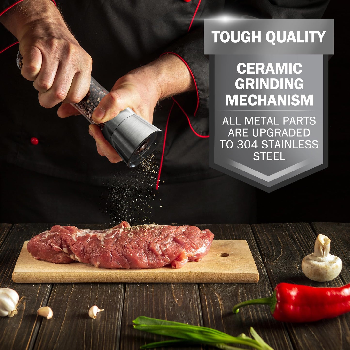 Home EC Premium Stainless Steel Salt & Pepper Grinder Set – Adjustable Ceramic, Tall Glass Shakers with Funnel & Recipe eBook