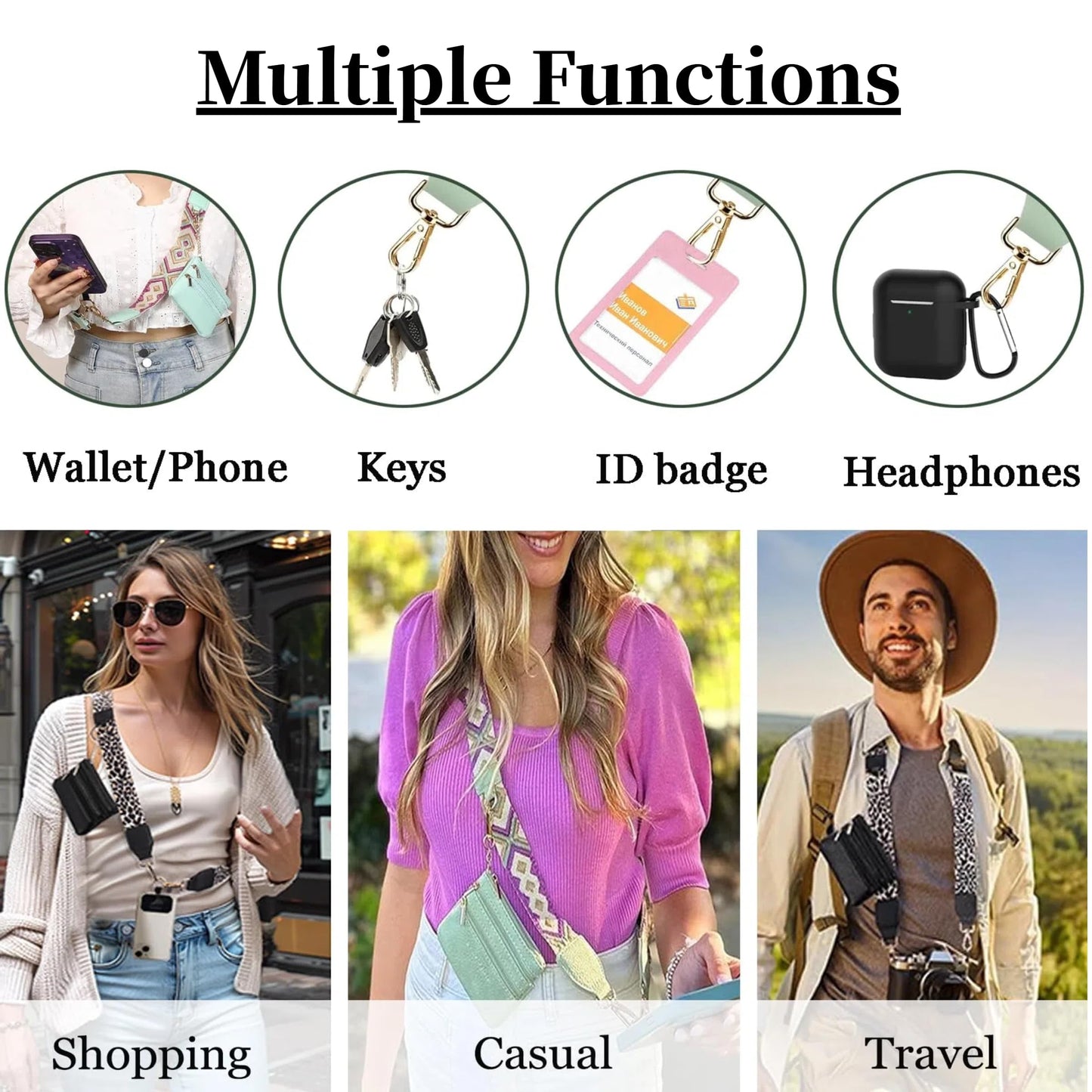 Surlveia Crossbody Body Phone Holder for Women, New Phone Strap with Zippered Pouch, Adjustable Crossbody Strap (Flower white)