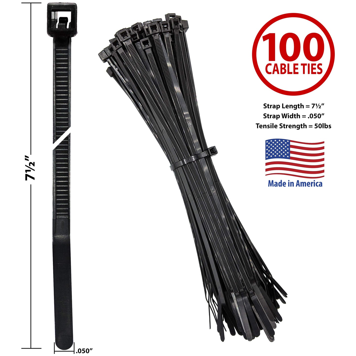 Bar Lok 7.5” Zip Ties - 100 Pieces, Black - Made in America - Weather, UV & Impact Resistant Plastic Cable Ties for Binding Bundling & Organizing Wire