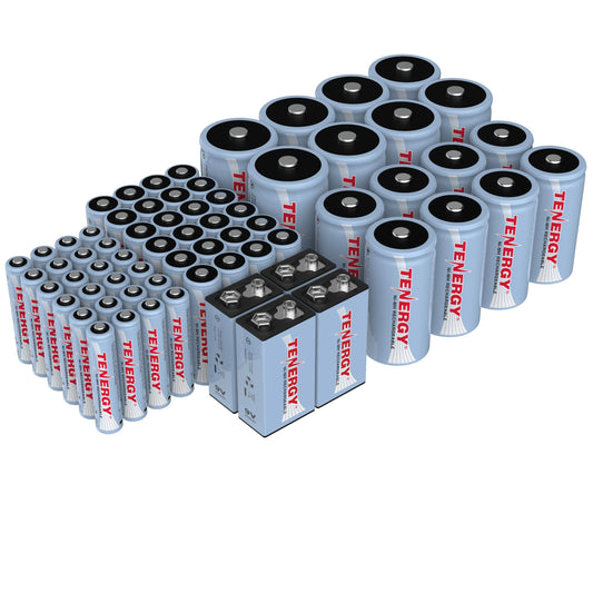 Tenergy AA AAA C D 9V Battery, NiMH Rechargeable Batteries Combo, 68 Pack, 24 Pack AA Cells, 24 Pack AAA Cells, 8 Pack C Cells, 8 Pack D Cells and 4…