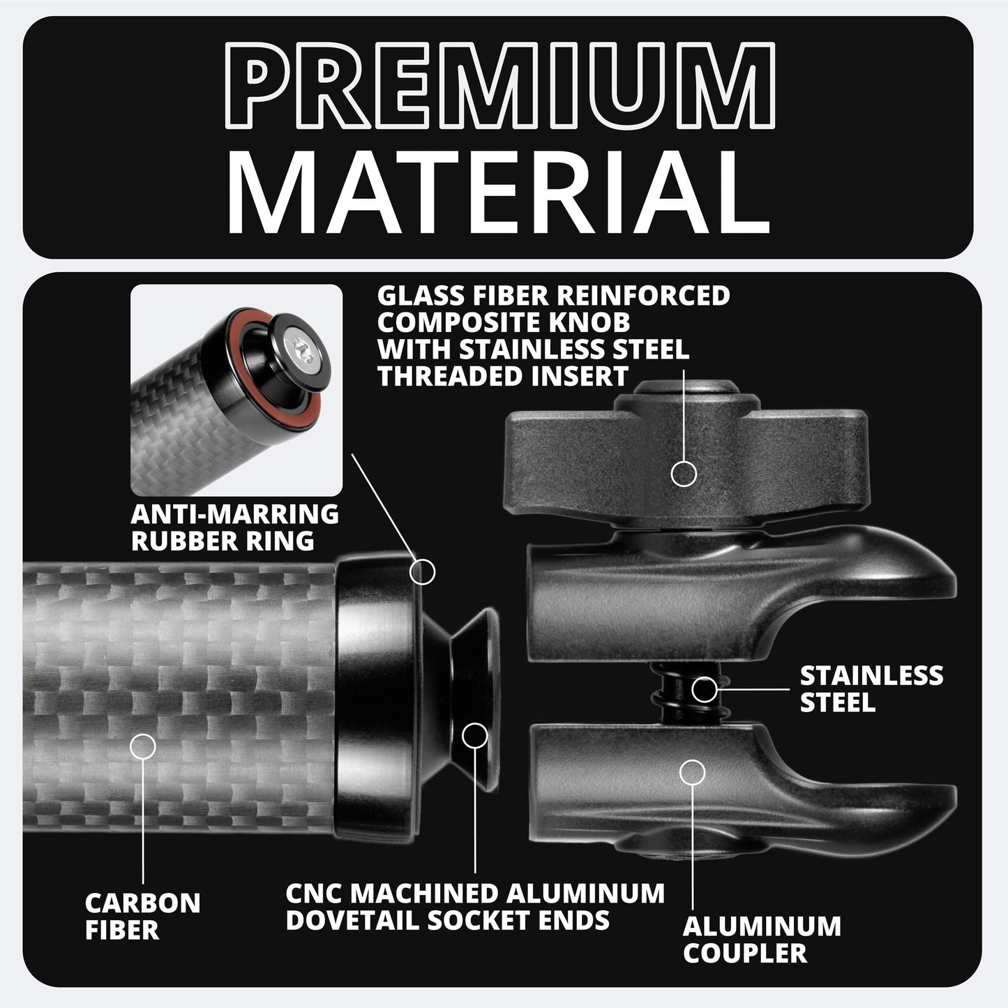 Tackform 7" Long 20mm Ball and Socket Arm DuraLock 20 Series Carbon Fiber Arm | Dual 20mm Sockets with Optional Anti-Theft Knobs | Black