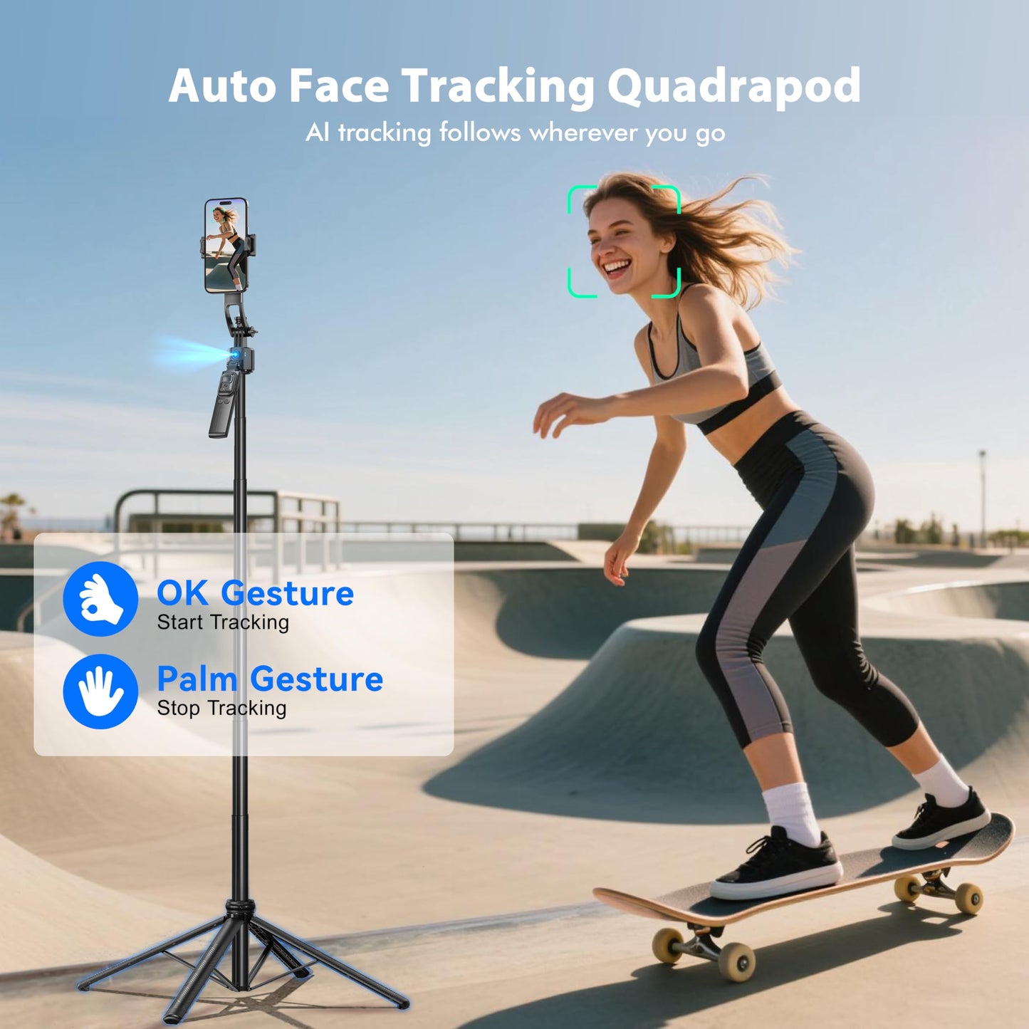 FOURPILLARS 68" Extendable Auto Face Tracking Tripod with Stand, 360° Rotation that Follows Your Movement, Portable Phone Tripod Stand with Remote