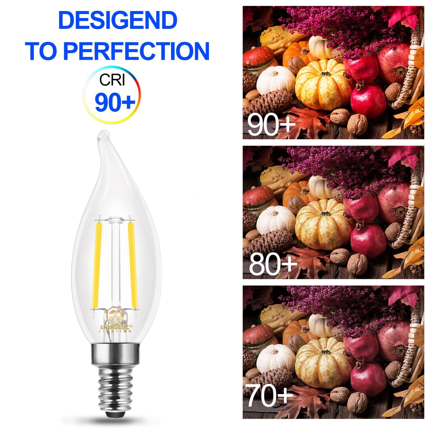 Energetic 90+ CRI LED Candelabra Light Bulb 60W Equivalent E12 LED Bulb Dimmable 5000K Daylight, Chandelier Light Bulbs, 5W 450LM Flame Tip CA10