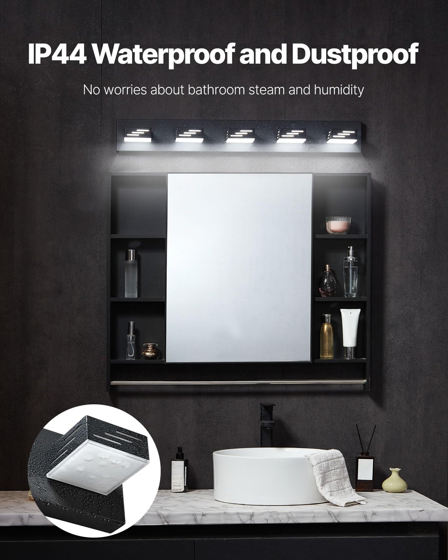 VEVOR 5-Light LED Modern Vanity Light Fixtures, 33.46-Inch, Black Finish Bathroom Wall Lighting Fixture Over Mirror, with IP44 Waterproof