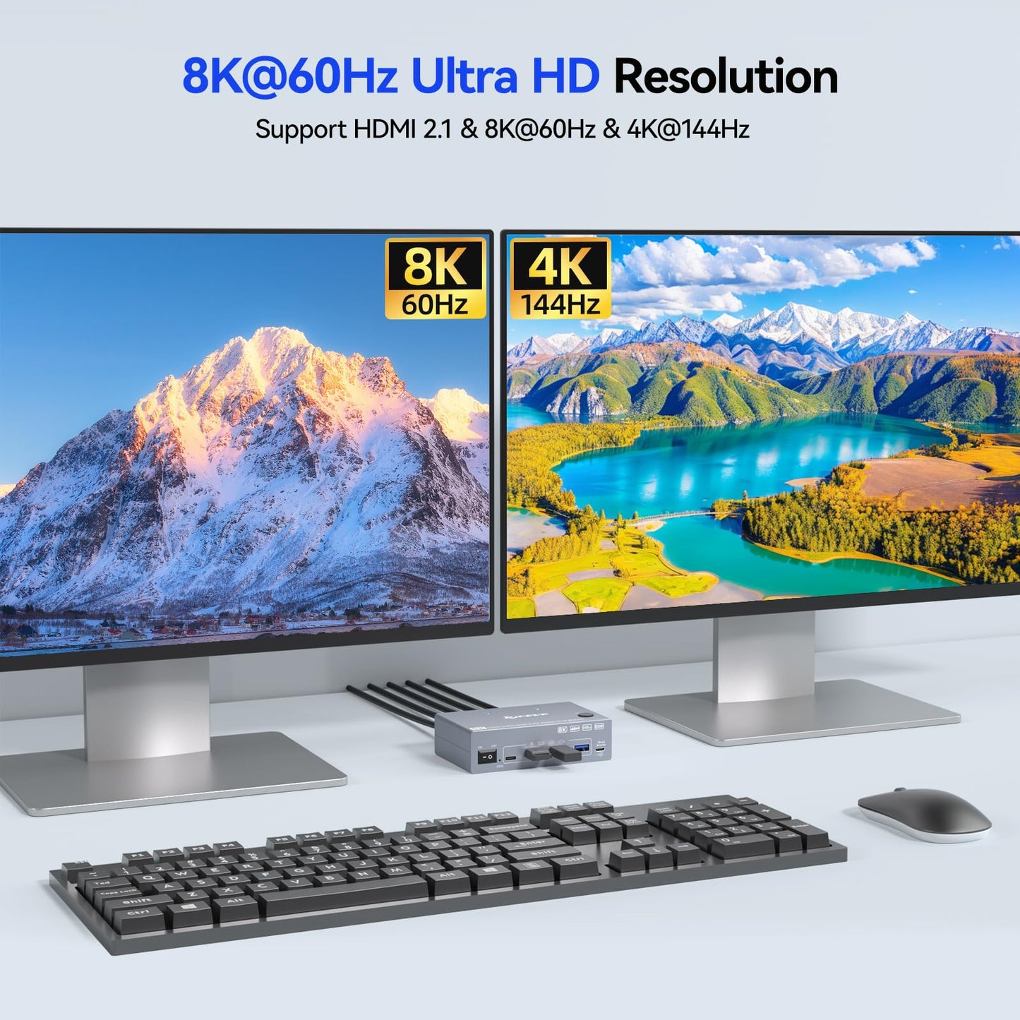 KCEVE USB 3.0 HDMI2.1 KVM Switch 2 Monitors 2 Computers with EDID, 8K@60Hz & 4K@144Hz, Dual Monitor KVM Switch Share Keyboard Mouse, 4 USB 3.0 Ports