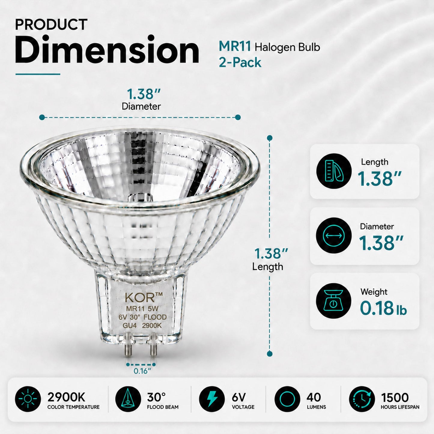 KOR MR11 5W 6V Halogen Reflector Light Bulbs, GU4 Bi-Pin, 2-Pack