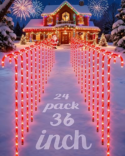 COOLWUFAN 36" Candy Cane Christmas Decorations, 24 Pack Giant Candy Cane Lights, Outdoor Pathway Markers Lights for Xmas Holiday Walkway Patio Garden