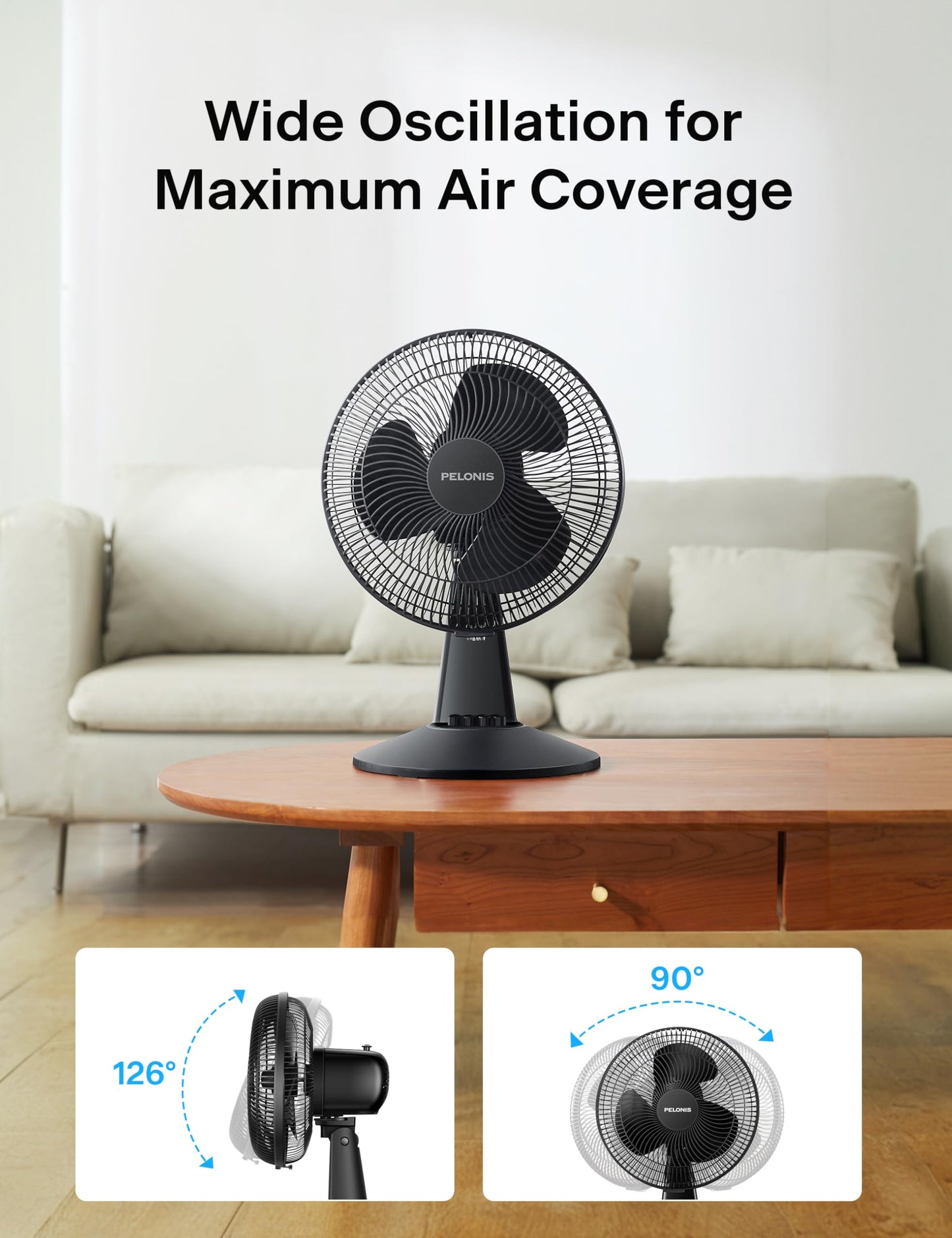 PELONIS Table Fan 12-Inch, 120° Oscillating Table Fan Small Portable Electric Plug-In Desk Fan with 3-Speeds, 126° Adjustable Tilt Head for Bedroom