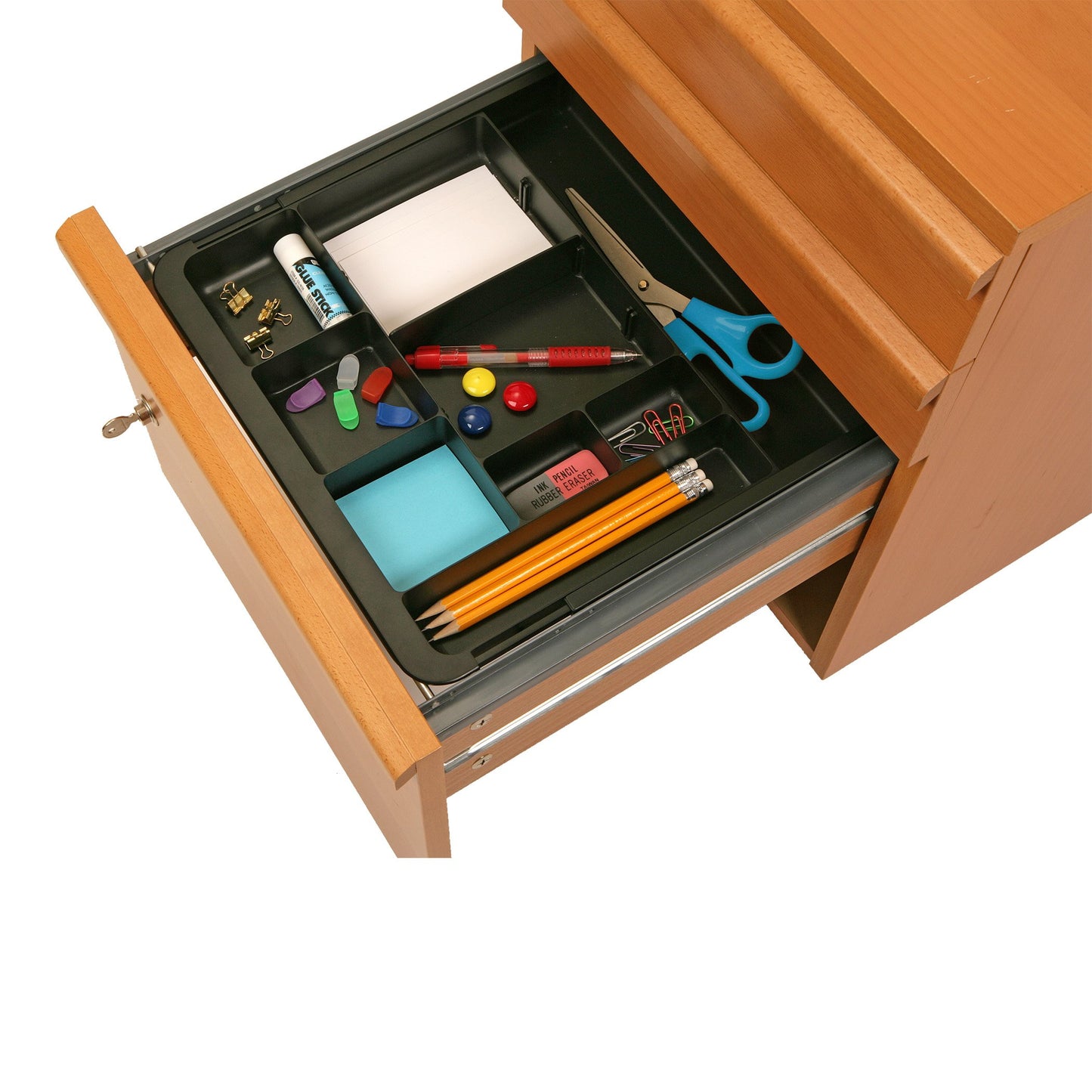 Officemate Expandable Drawer Organizer Tray, Adjustable 10.3"-16" Width, Customizable Compartments with Dividers, Recycled Plastic, Black
