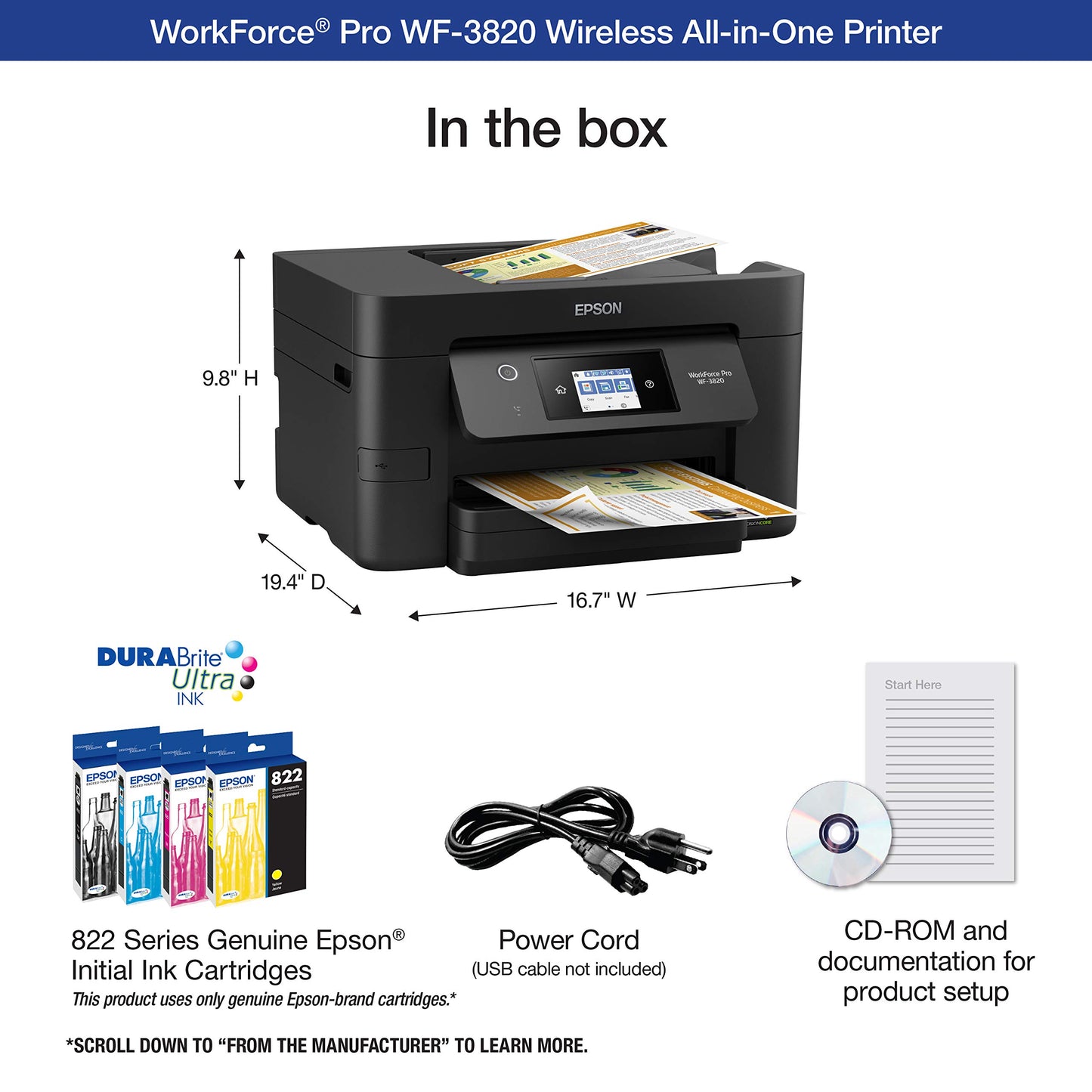 Epson Workforce Pro WF-3820 Wireless All-in-One Printer, Auto 2-Sided Printing 35-Page ADF, 250-sheet Paper Tray and 2.7" Color Touchscreen, Works