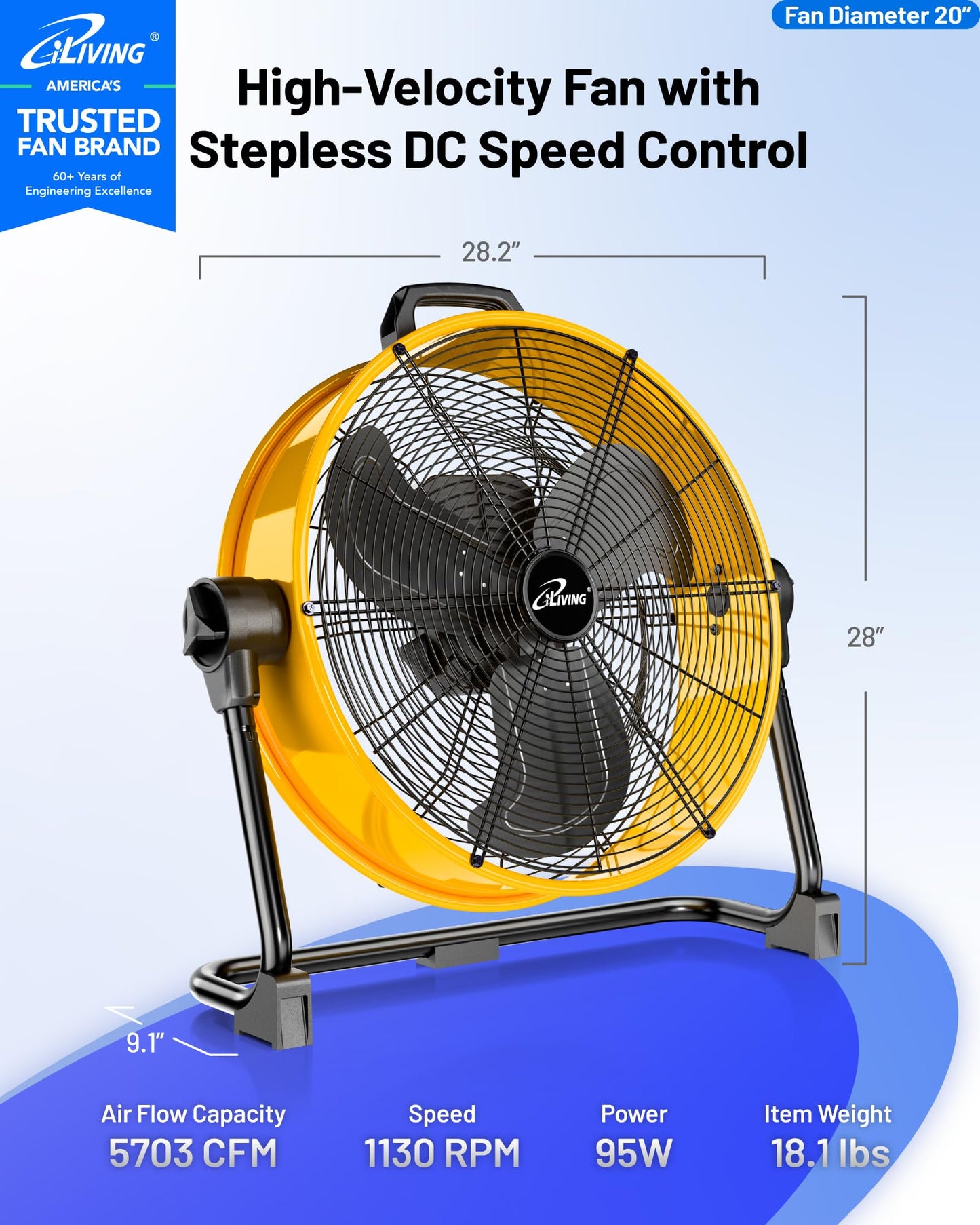 iLIVING 20 Inches 5703 CFM Heavy Duty High Velocity Barrel Floor Drum Fan With DC Brushless Motor,Stepless Speed Adjustment for Workshop, Garage