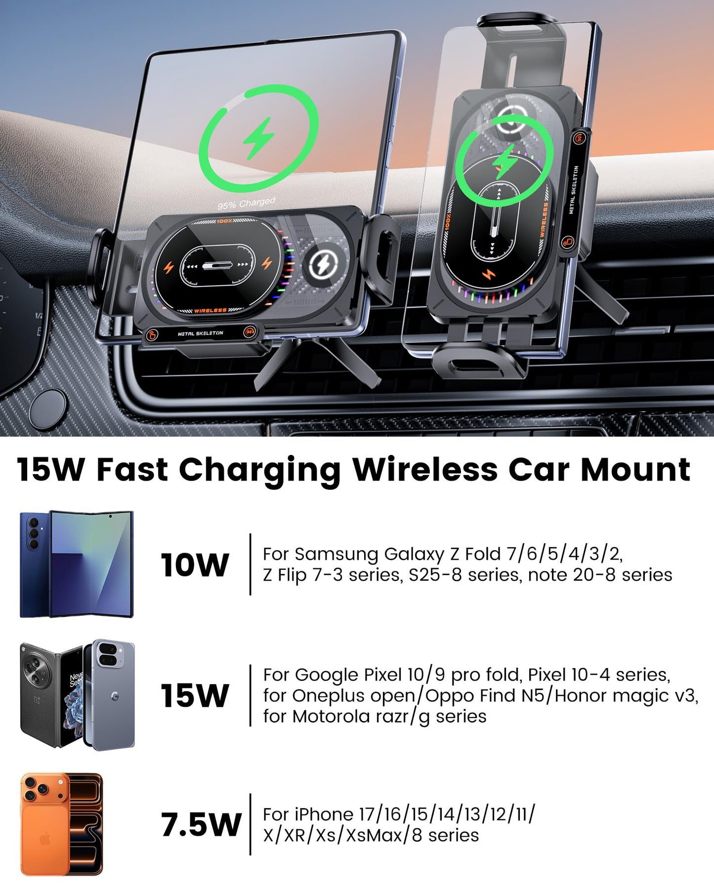 xuenair 15W Fast Charging Wireless Car Charger Mount, Z Fold 7 Car Mount with LED Light Auto Sensor, Car Phone Holder Wireless Charger for Samsung