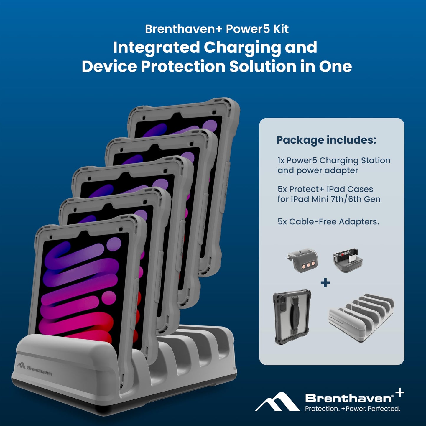 Brenthaven Power5 Cable-Free Charging Station Kit for iPad mini 7th | 6th Gen Includes 5 Protect+ iPad Cases & Cable-Free Adapters, 100W Fast Charger