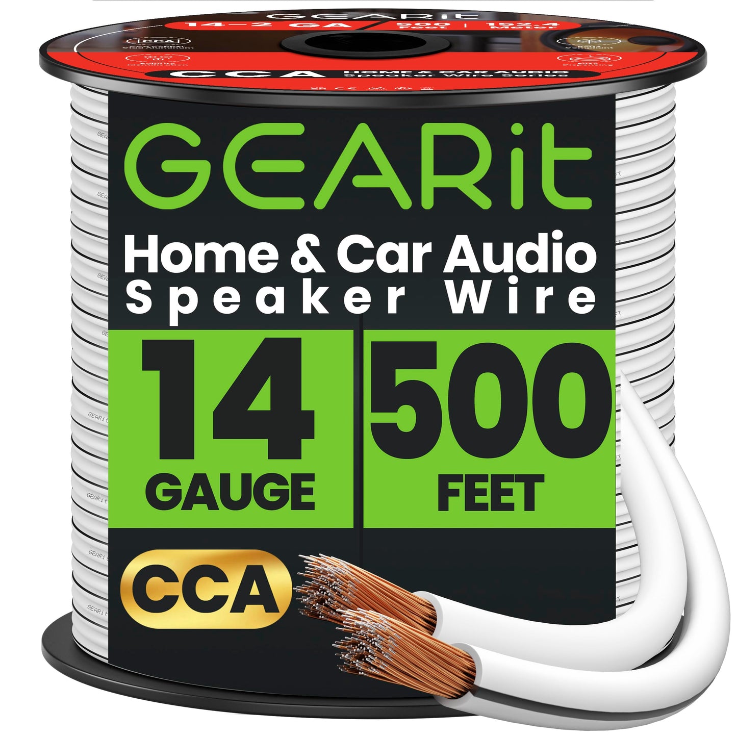 GEARit 14 Gauge Speaker Wire 500ft,Flexible Speaker Cable with Foot Markers & Polarity Markings,14 Gauge Wire for Car Audio & Home Theater