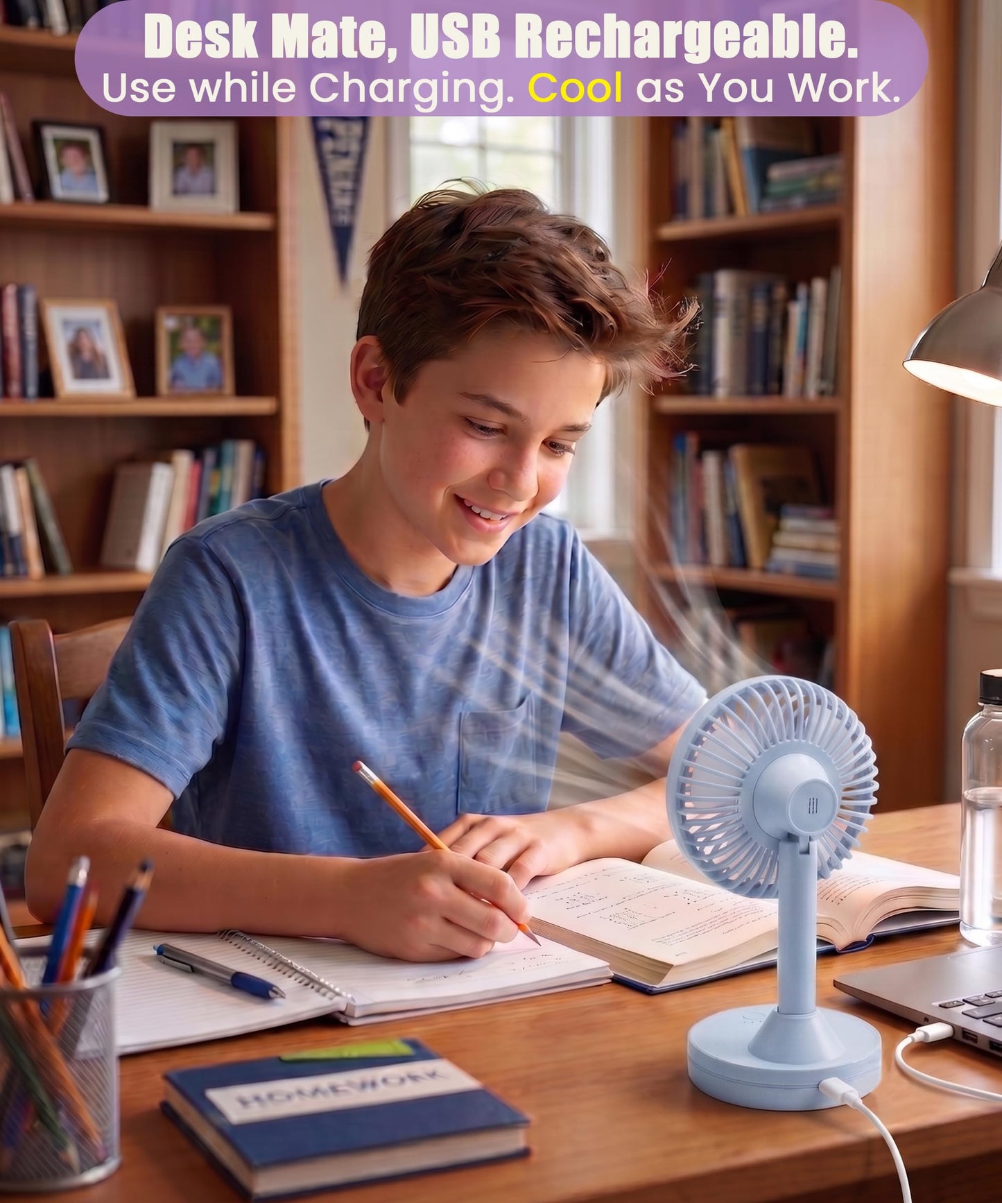 DYEWEAVE Cute Small Rechargeable 90° Oscillating Desk Fan, 25dB Ultra-Quiet