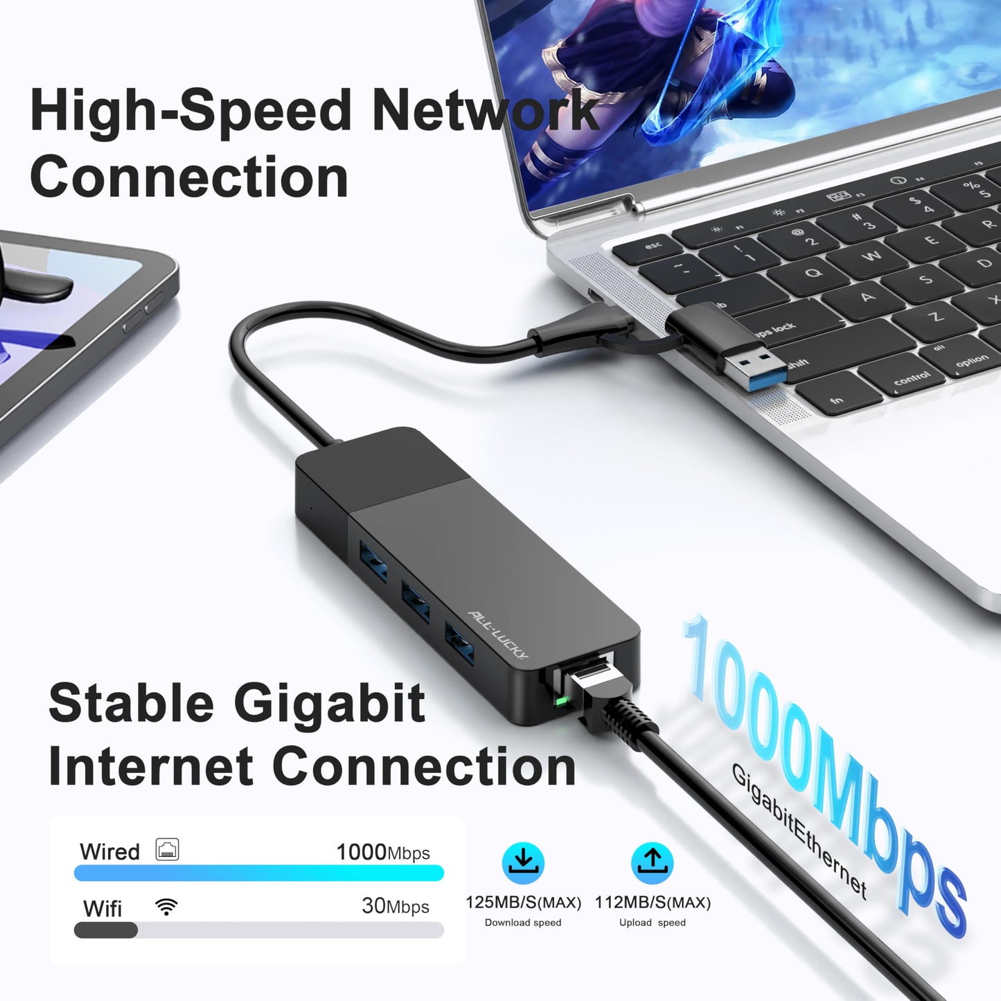 ALL-LUCKY USB to Ethernet Adapter, 4 in 1 USB C to Ethernet Adapter Hub with 3 x USB 3.0 Port/Gigabit Internet Port, High-Speed Network Hub Compatible