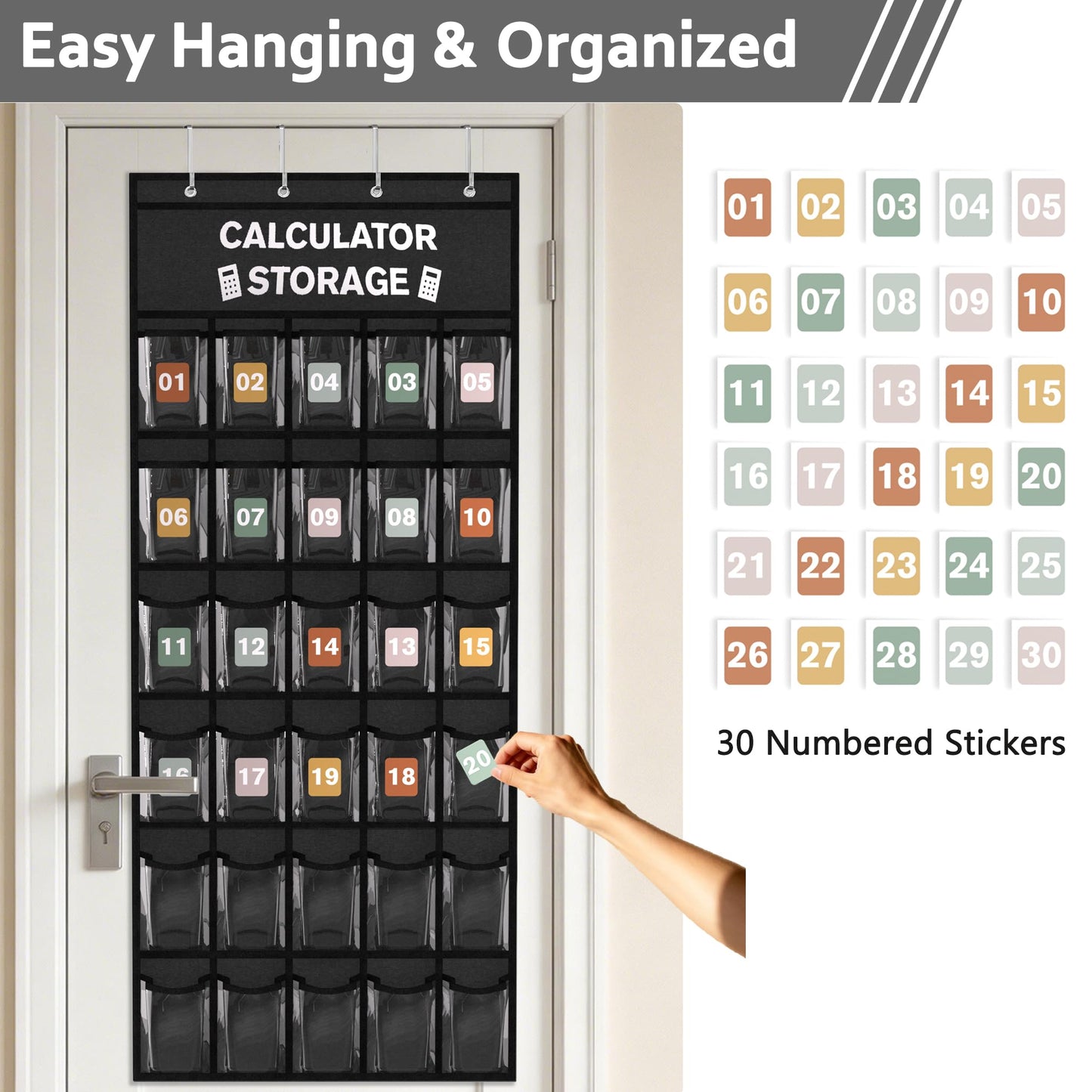 30-Pocket Calculator Holder for Classroom, Hanging Calculator Pocket Chart with Clear PVC Pockets & Numbered Stickers, Calculator Storage Organizer