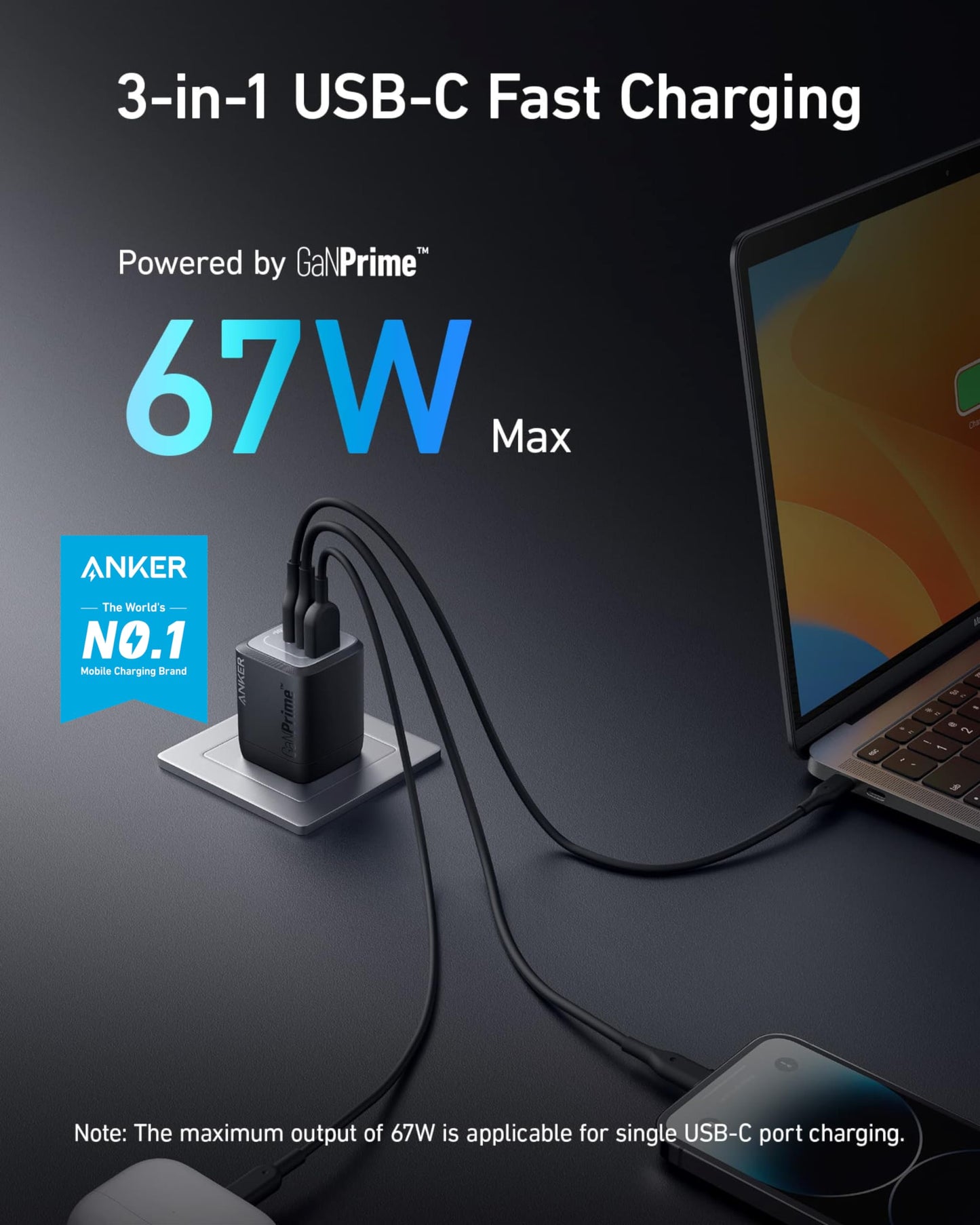 Anker USB Charger Block,67W GaN Wall Charger,3-Port Compact Fast Charging Phone Charger,For MacBook Pro/Air, Pixelbook, iPad Pro, iPhone 17/16/Pro