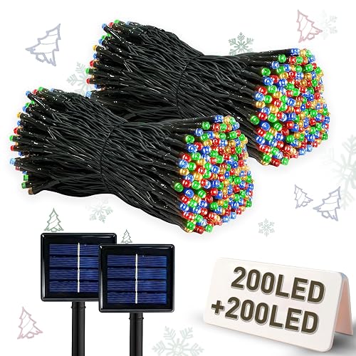 LALAPAO 2 Pack Solar Christmas String Lights, Total 400 LED 144Ft Solar String Lights, Outdoor Lighting with 8 Modes Waterproof for Xmas Tree, Garden
