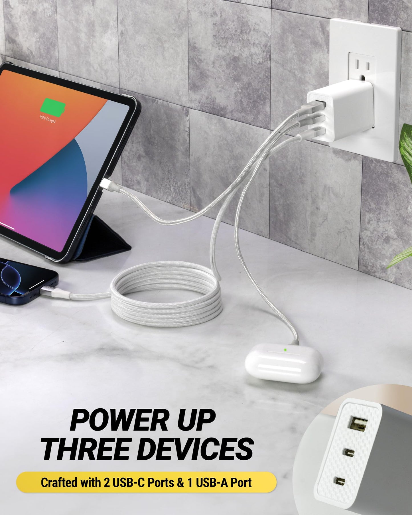 Scosche PowerVolt 70W Fast Charging Compact 3-Port Wall Charger Block, Dual USB-C & USB-A GaN Power Delivery Adapter with Foldable Plug for iPhone
