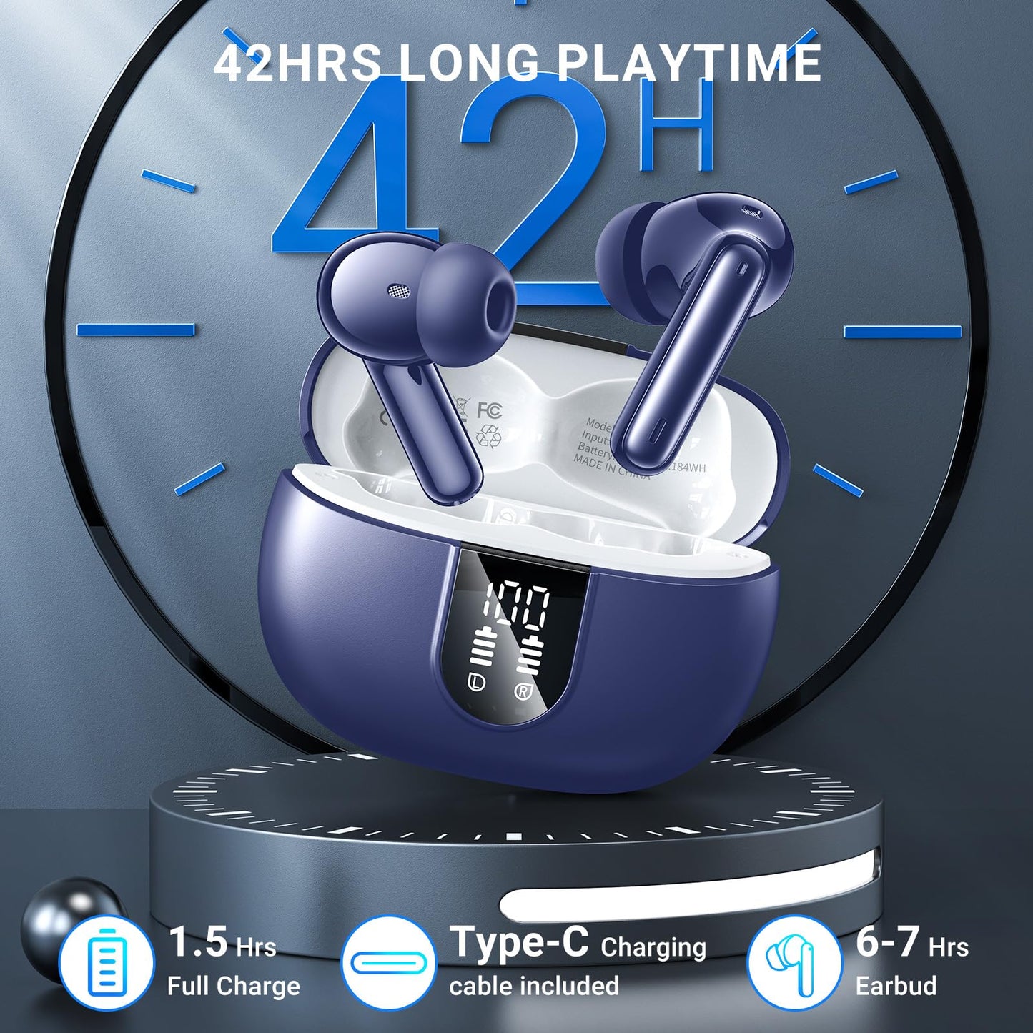 Wireless Earbuds, 2025 Wireless Headphones HiFi Stereo Earphones with 4 ENC Noise Canceling Mic, 42Hs Playtime In Ear Earbud, Bluetooth 5.3 Sport