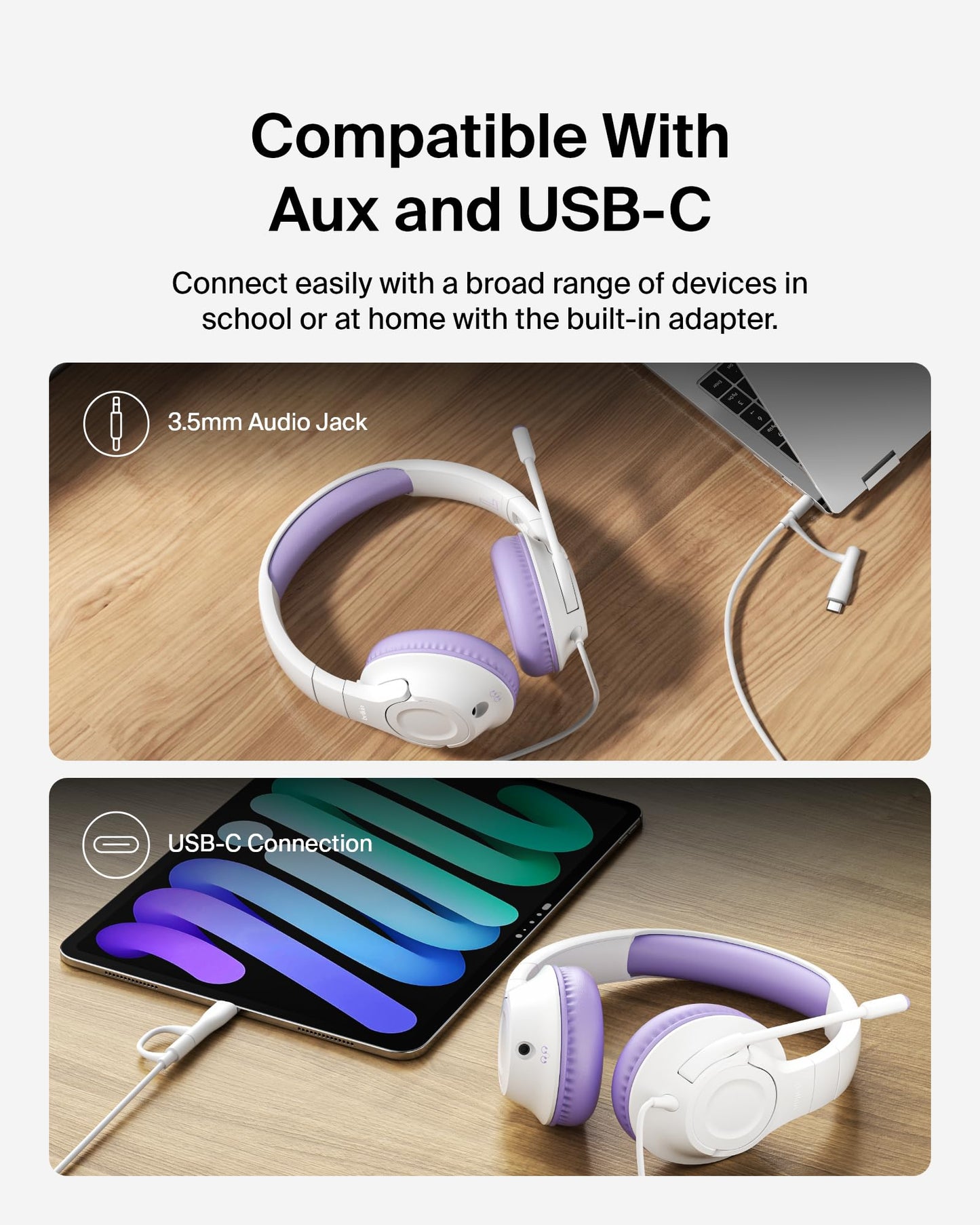Belkin SoundForm Inspire Wired Over-Ear Headset for Kids, Online Learning & Travel w/Built-in Boom Mic, 85dB Safe Volume Limit - USB-C & 3.5mm
