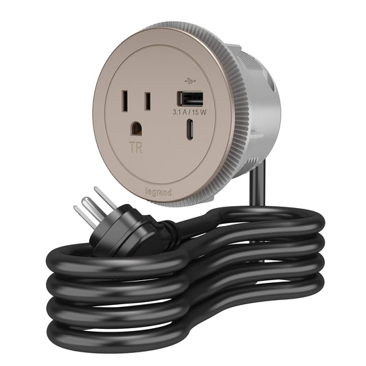 Legrand Wiremold RFPCRUAUC-NI10 Round Furniture Power Center with USB, 1 Outlet, Type A/C USB, 10 Foot Cord, Nickel