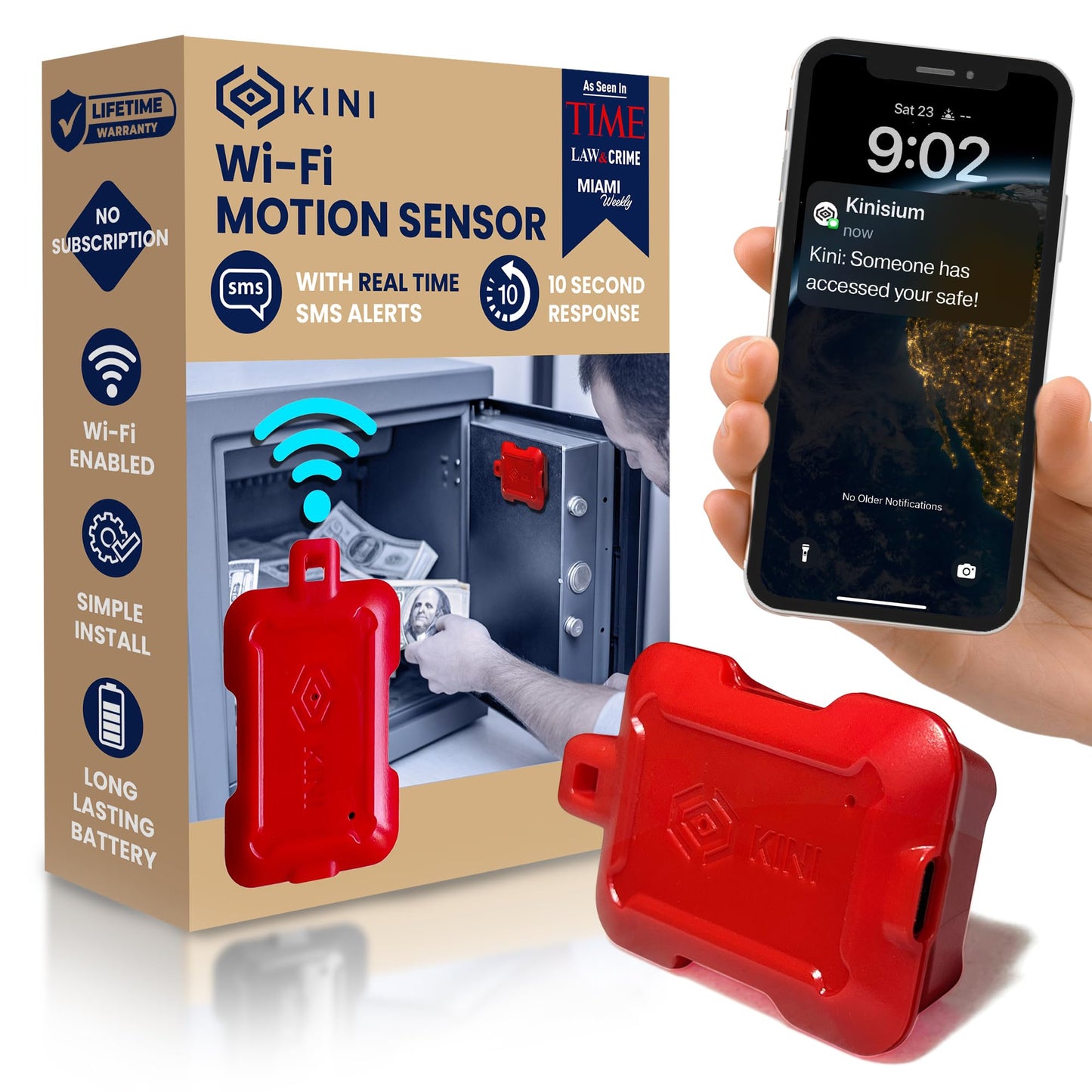 Instant Kini Safe Alert Wi-Fi Motion Sensor Alarm - Real-time SMS, Email, IFTTT - Great for Gun Safes, Cabinets, Office - Easy Install, No