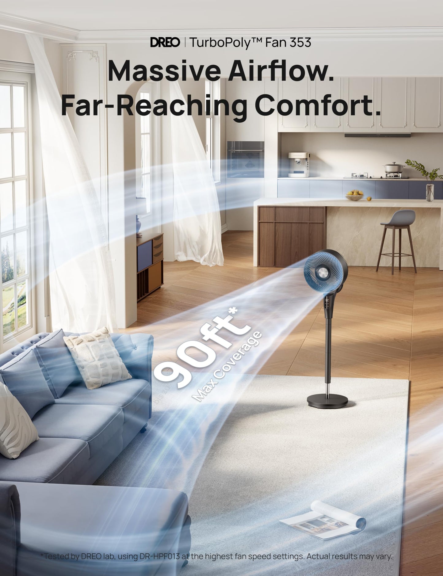 DREO Fan for Bedroom, 2026 Upgraded, 90ft Airflow, Quiet Fan, 90° Oscillating Standing Fan for Whole Room, DC Motor, 8+H Speeds, 3 Modes, 38-42''