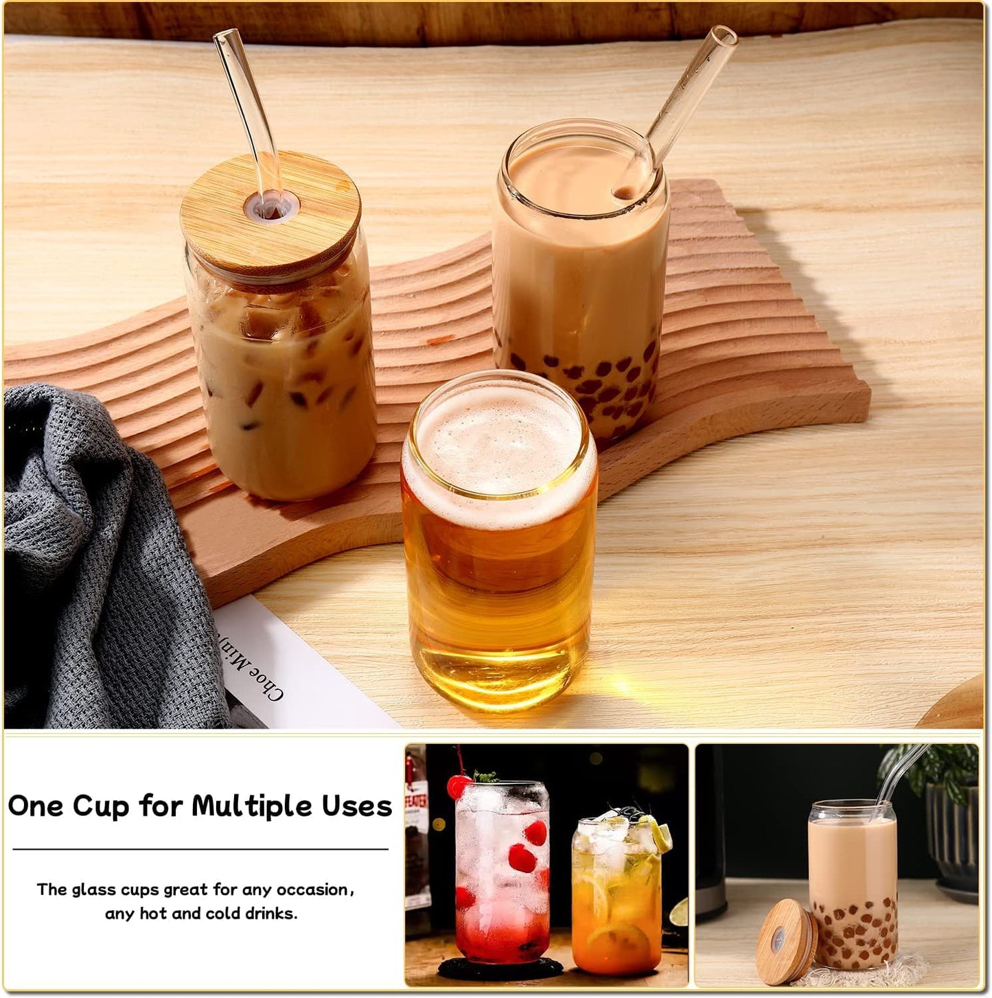 DWTS DANWEITESI 16oz Glass Cups with Lids & Straws – Set of 4 Reusable Tumblers for Iced Coffee, Bar & Gift Use
