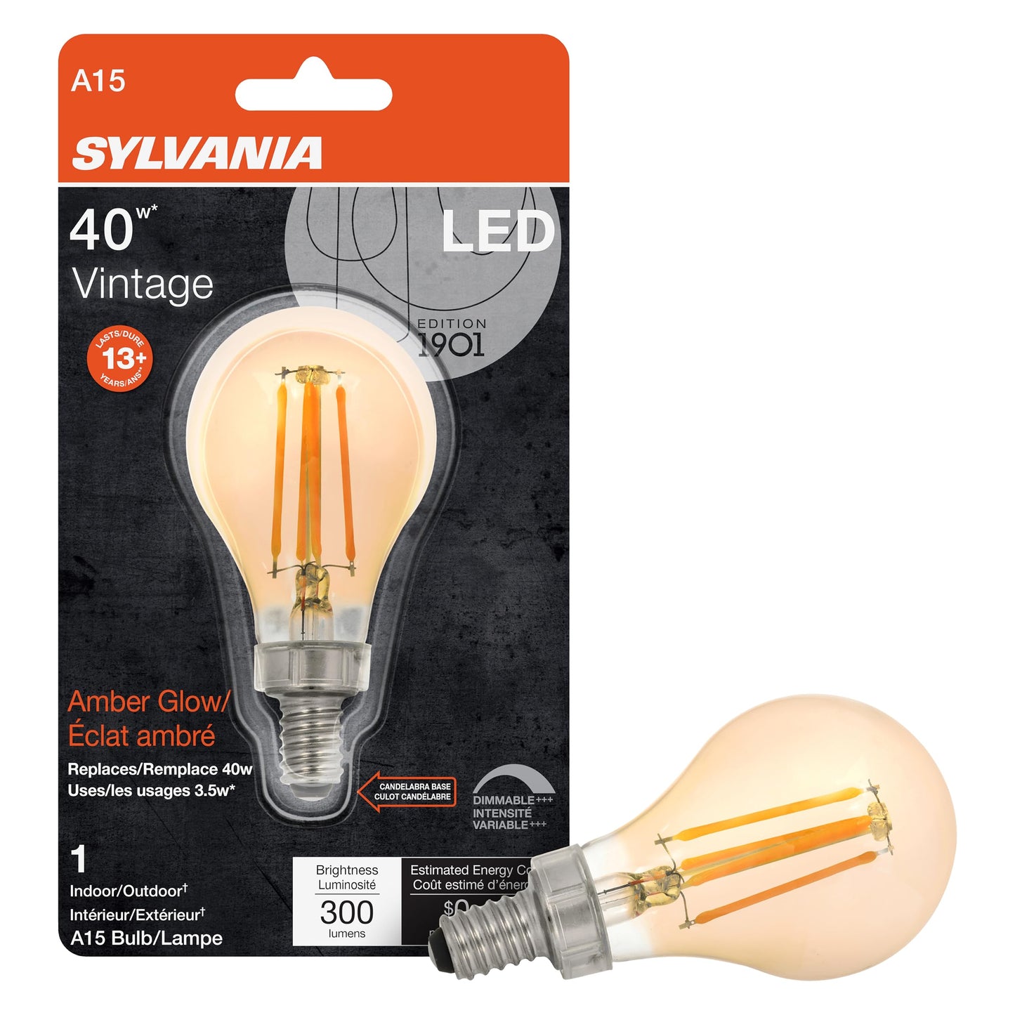Sylvania LED Vintage Amber Glow A15 Light Bulb, 40W Equivalent Efficient 4W, Dimmable, Candelabra Base - 1 Pack (75345)