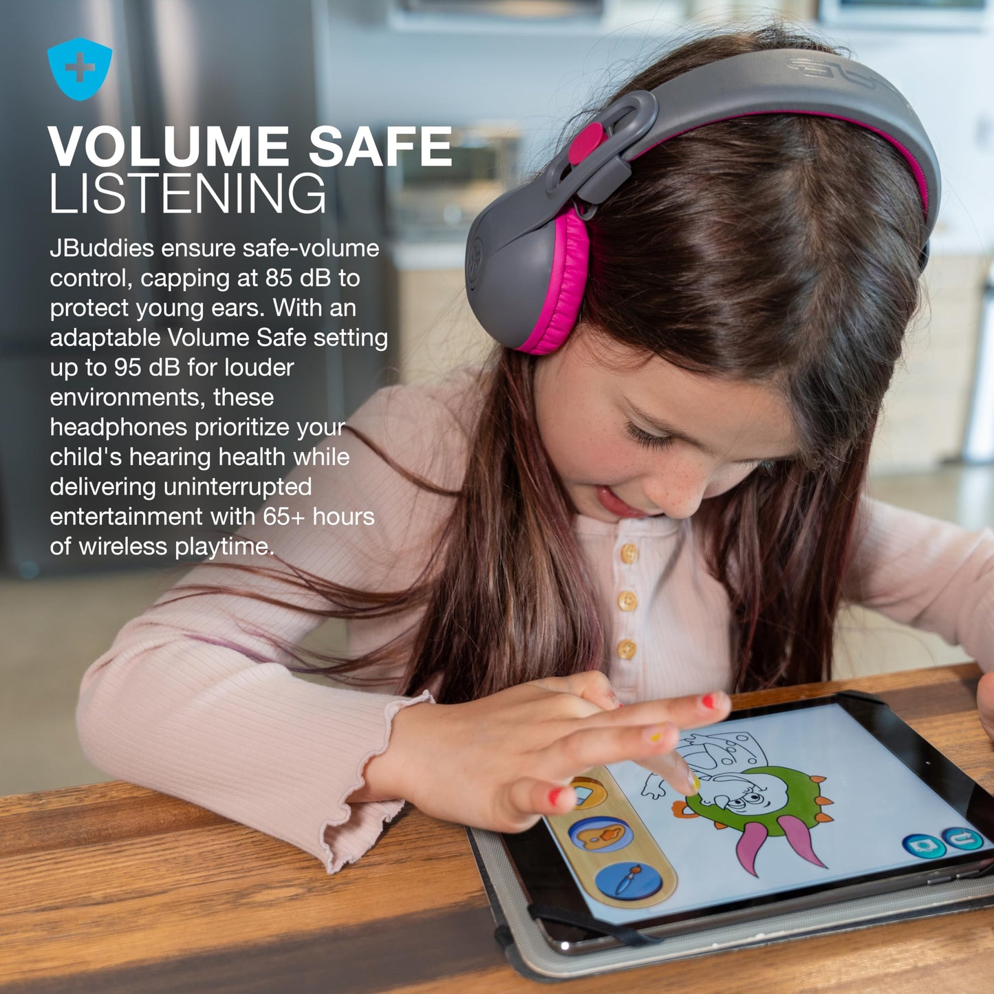 JLab, JBuddies Studio 2, Kids Headphones, Wireless Bluetooth On Ear, Volume Limiting, Foldable, Grey/Pink