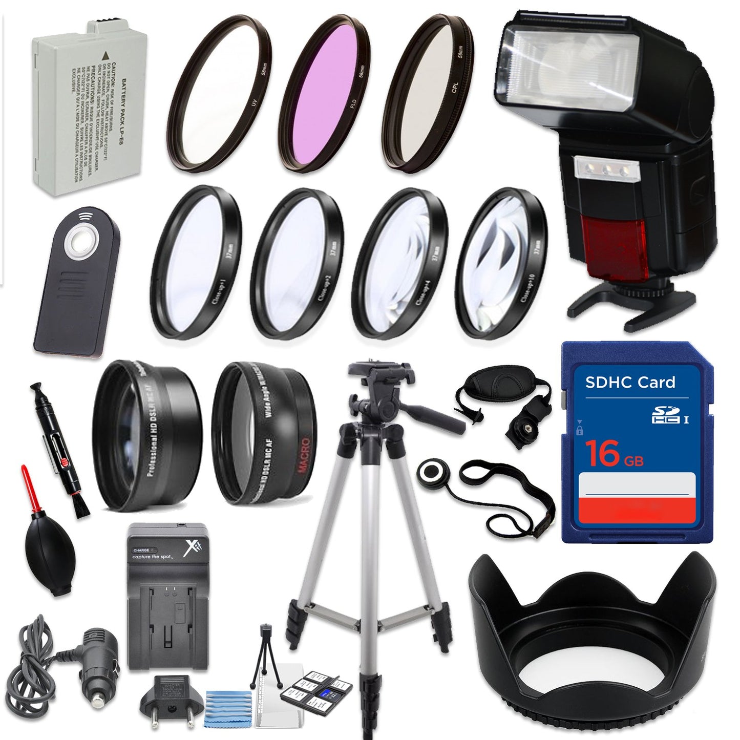 58mm 16 Piece Accessory Kit for Canon EOS Rebel T5i, T4i, T3i, 650D, 700D DSLRs with Replaceable LP-E8 Battery, Automatic LED Flash, 16GB SD Memory