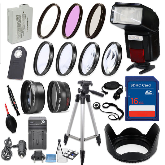 58mm 16 Piece Accessory Kit for Canon EOS Rebel T5i, T4i, T3i, 650D, 700D DSLRs with Replaceable LP-E8 Battery, Automatic LED Flash, 16GB SD Memory