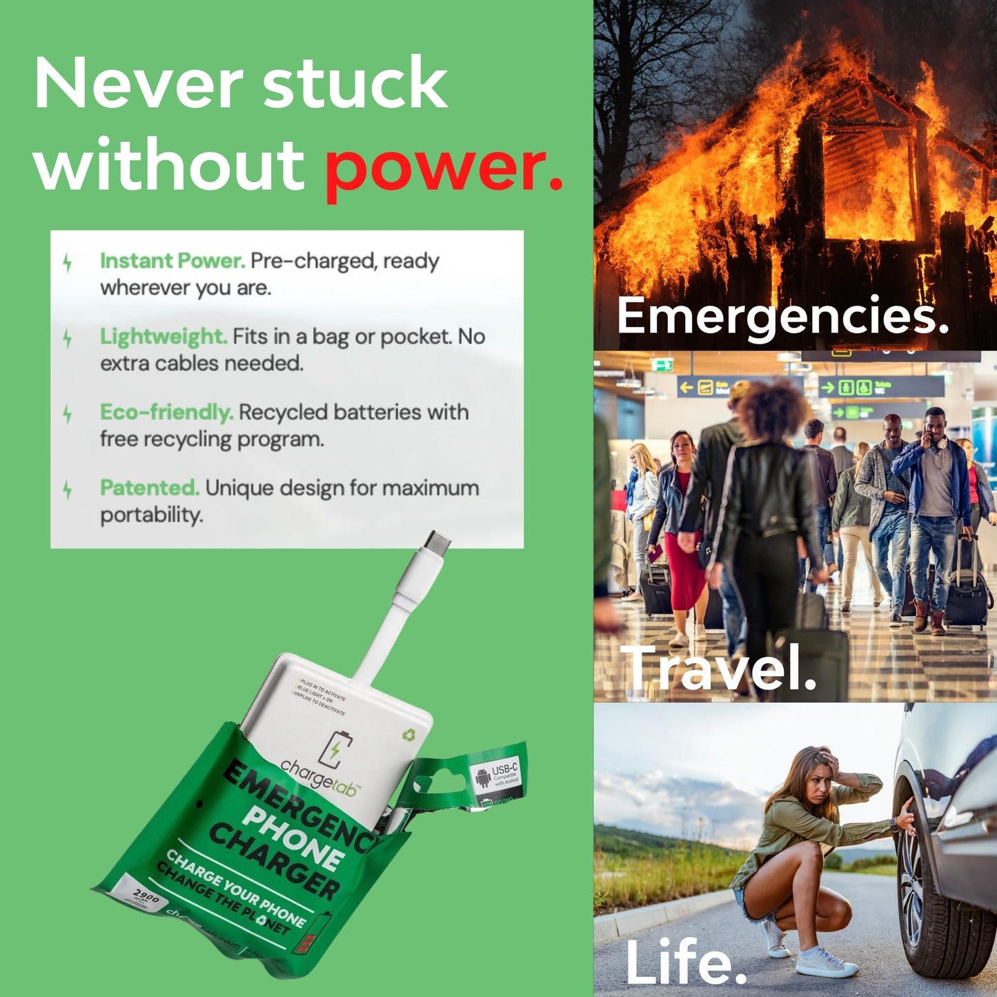 ChargeTab Emergency Portable USB-C Charger - Pre-Charged 3000mAh, Slim & Light, Up to 2-Year Shelf, Compatible w/iPhone 15/16 & Android USB-C Devices