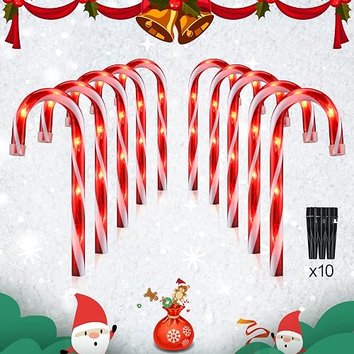 PerPaiMe 10" Christmas Candy Cane Lights - Set of 10 Pathway Markers Christmas Outdoor Yard Decorations, Xmas Candy Cane Stake Lights for Lawn