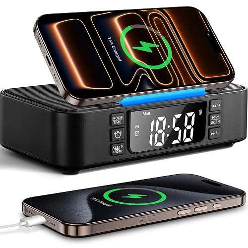 DPNAO 9-in-1 Wireless Charging Station with Bluetooth Speaker, Alarm Clock, FM Radio, Night Light - Compatible iPhone 17/16/15/SamsungS25/S24/Android