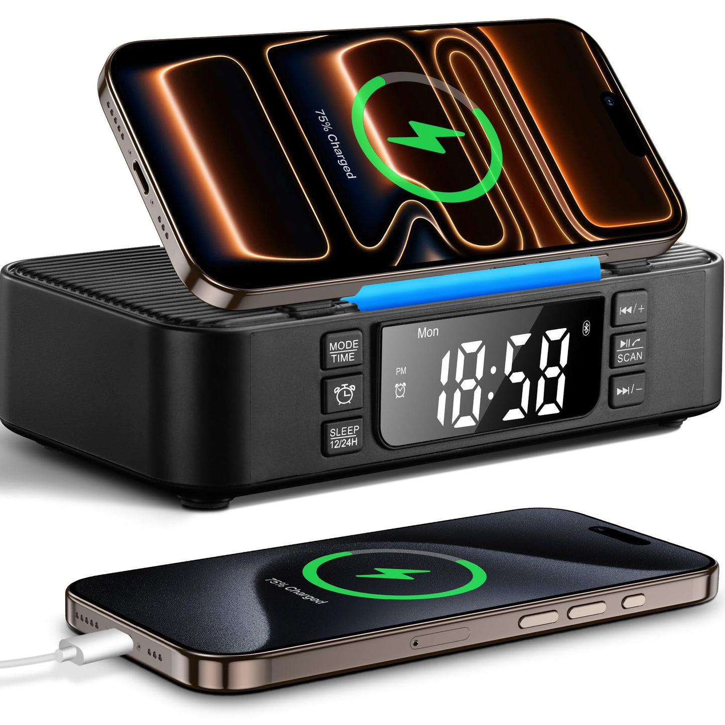 DPNAO 9-in-1 Wireless Charging Station with Bluetooth Speaker, Alarm Clock, FM Radio, Night Light - Compatible iPhone 17/16/15/SamsungS25/S24/Android