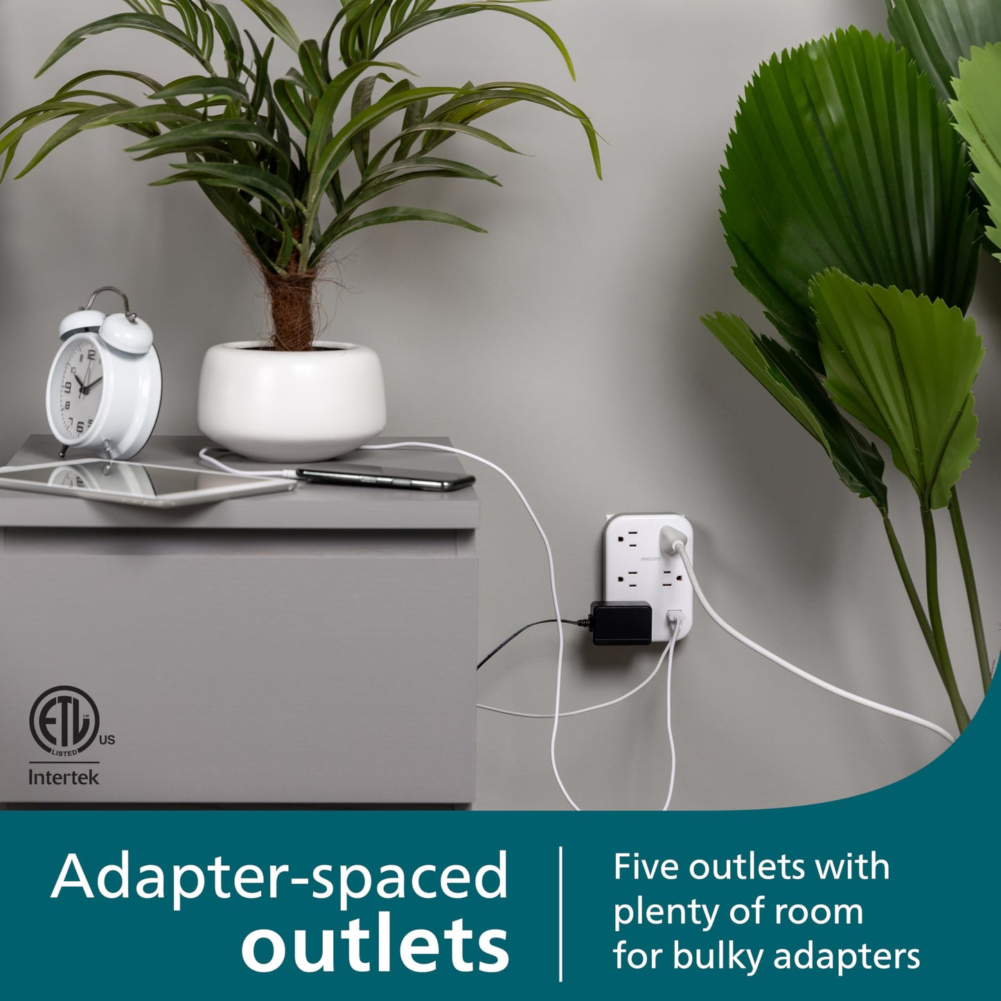 Philips EZFit 5-Outlet Extender Wall Tap with Surge Protection, Grounded Adapter, Charging Station, 3 Prong, 1 USB-A, 1 USB-C, 900J, White