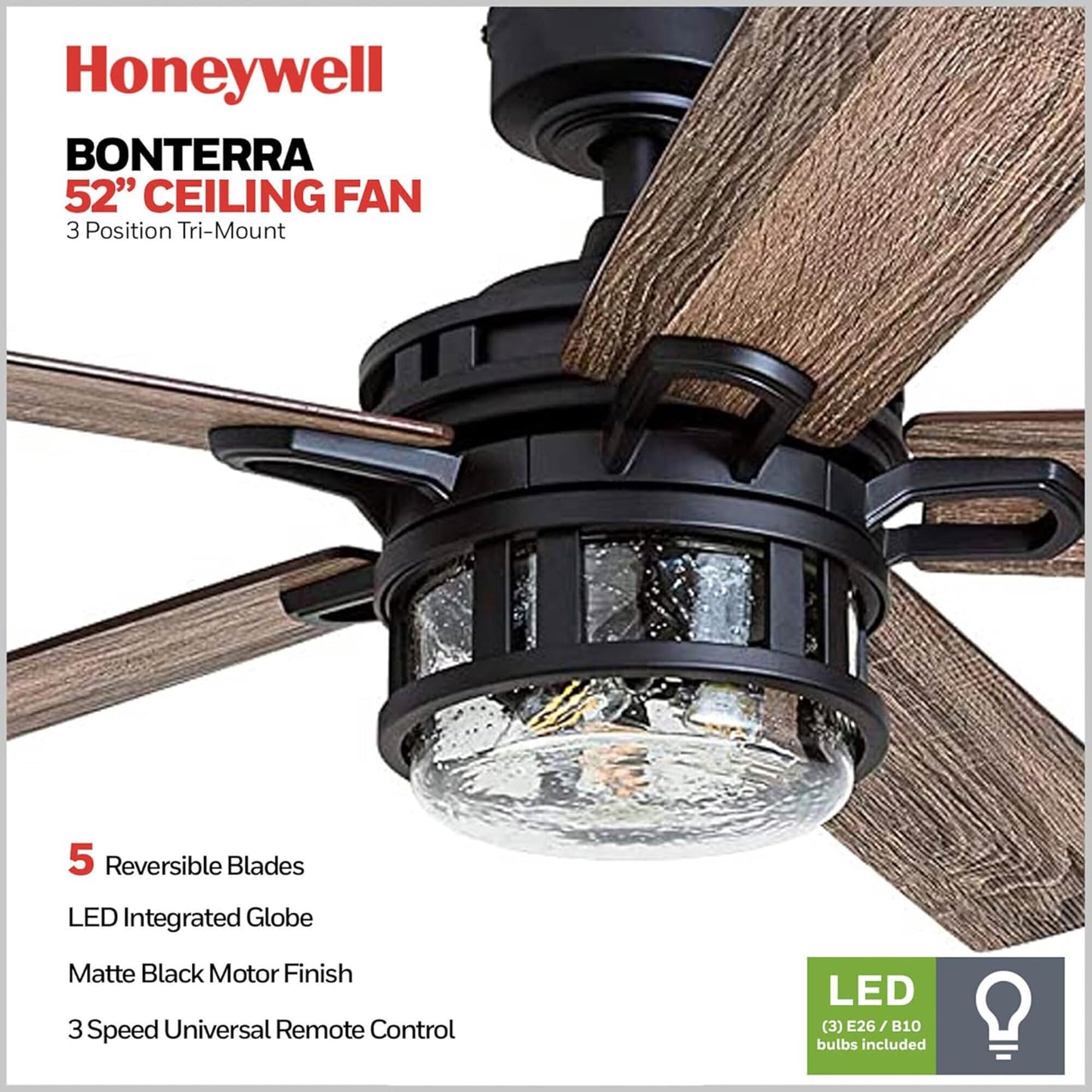 Honeywell Bonterra Ceiling Fan with LED Edison Light, Matte Black, 52 In