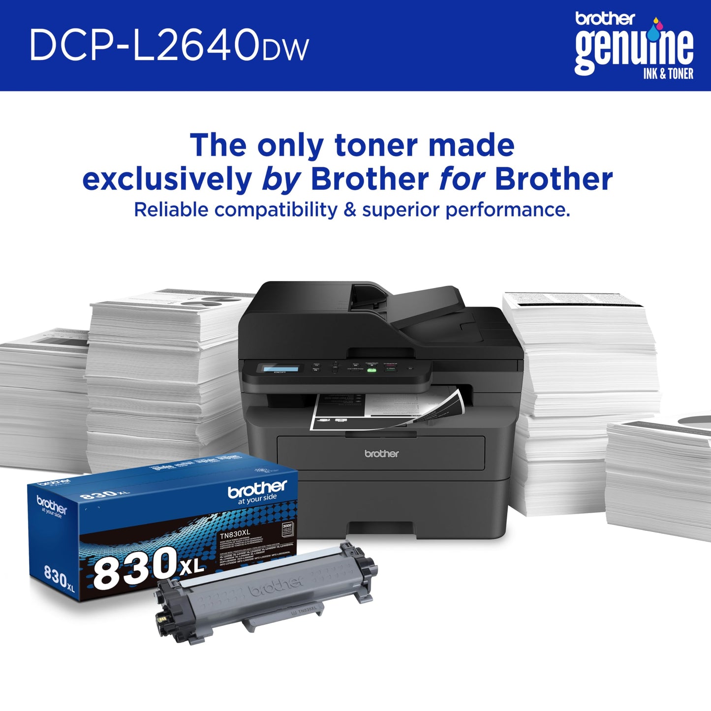 Brother DCP-L2640DW Wireless Compact Monochrome Multi-Function Laser Printer with Copy and Scan, Duplex, Mobile, Black & White | Includes Refresh