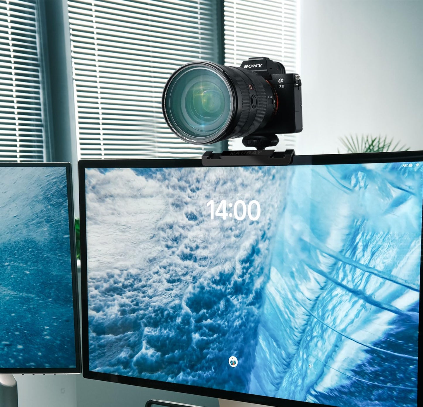 RAUBAY ?CM01? Monitor Top Camera Mount Clamp, Hanging Webcam Stand with 1/4" Screw, Suitable for Flat-Screen Monitors, for Live Stream, Video