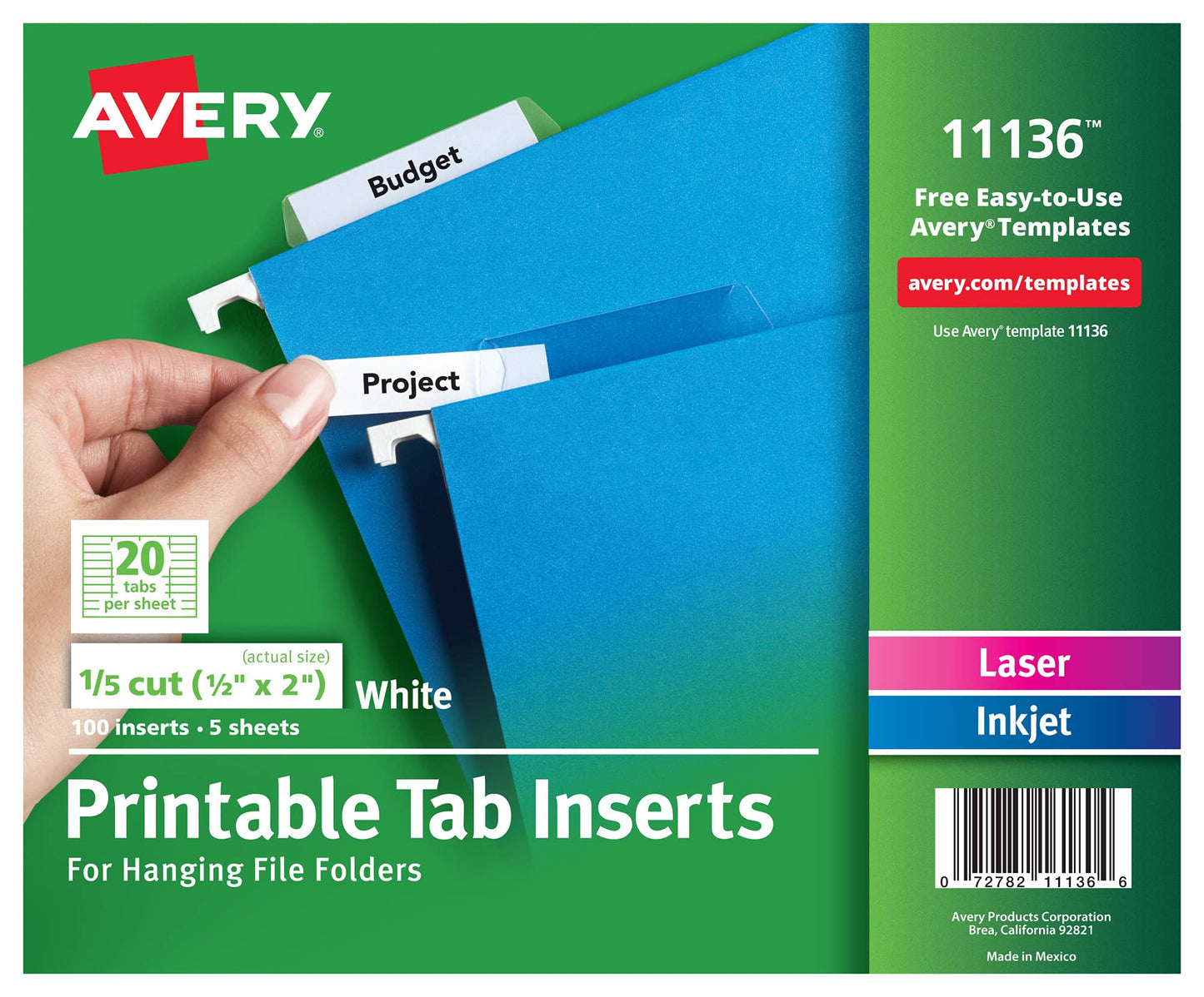 Avery® Printable Tab Inserts for Hanging File Folders, 1/2" x 2", 1/5 Cut, White, 100 Index Tab Inserts (11136)