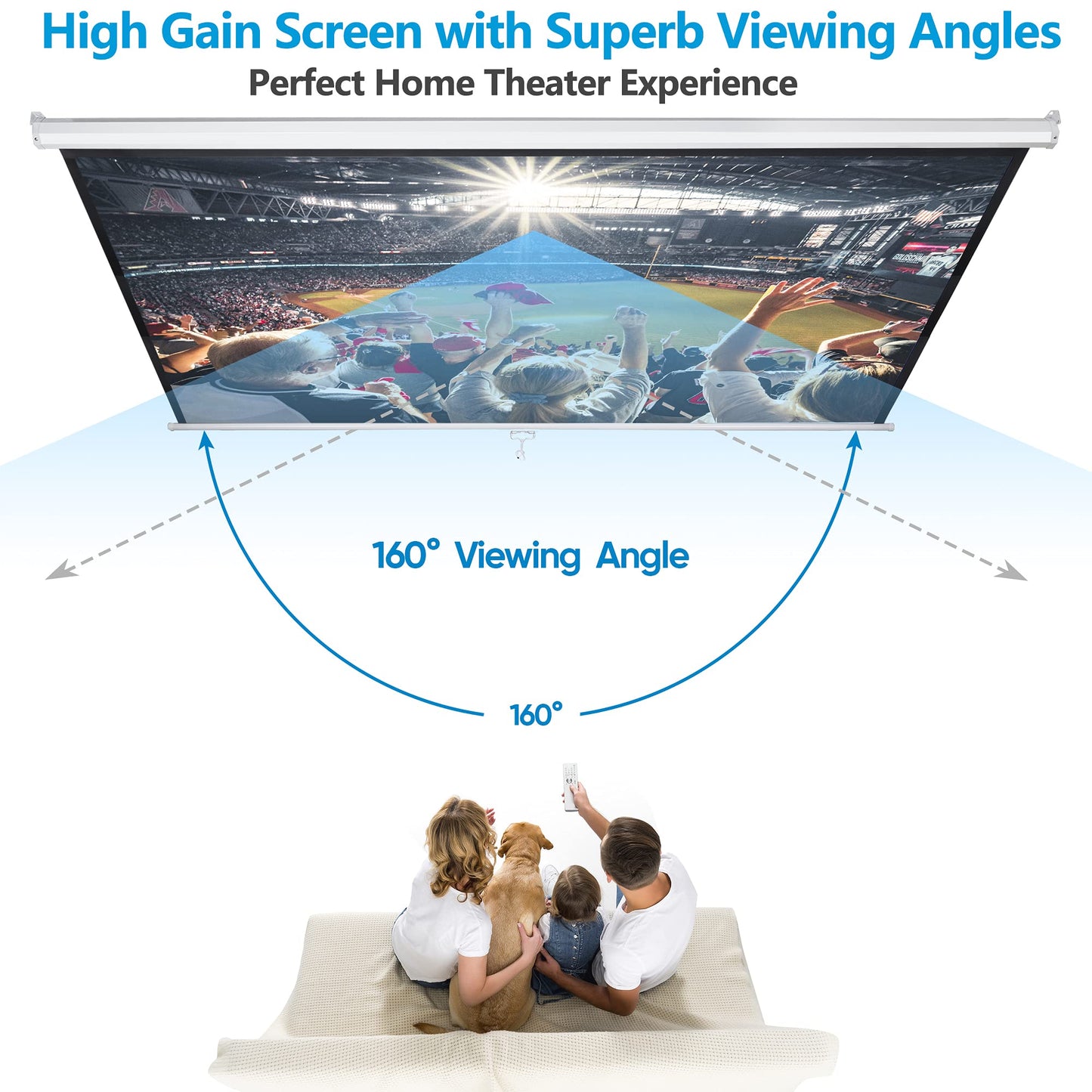 Epetlover 100 Inch 16:9 HD Projection Screen Manual Pull Down Indoor Outdoor Movie Screen, Wrinkle-Free Portable Projector Screen for Home Cinema